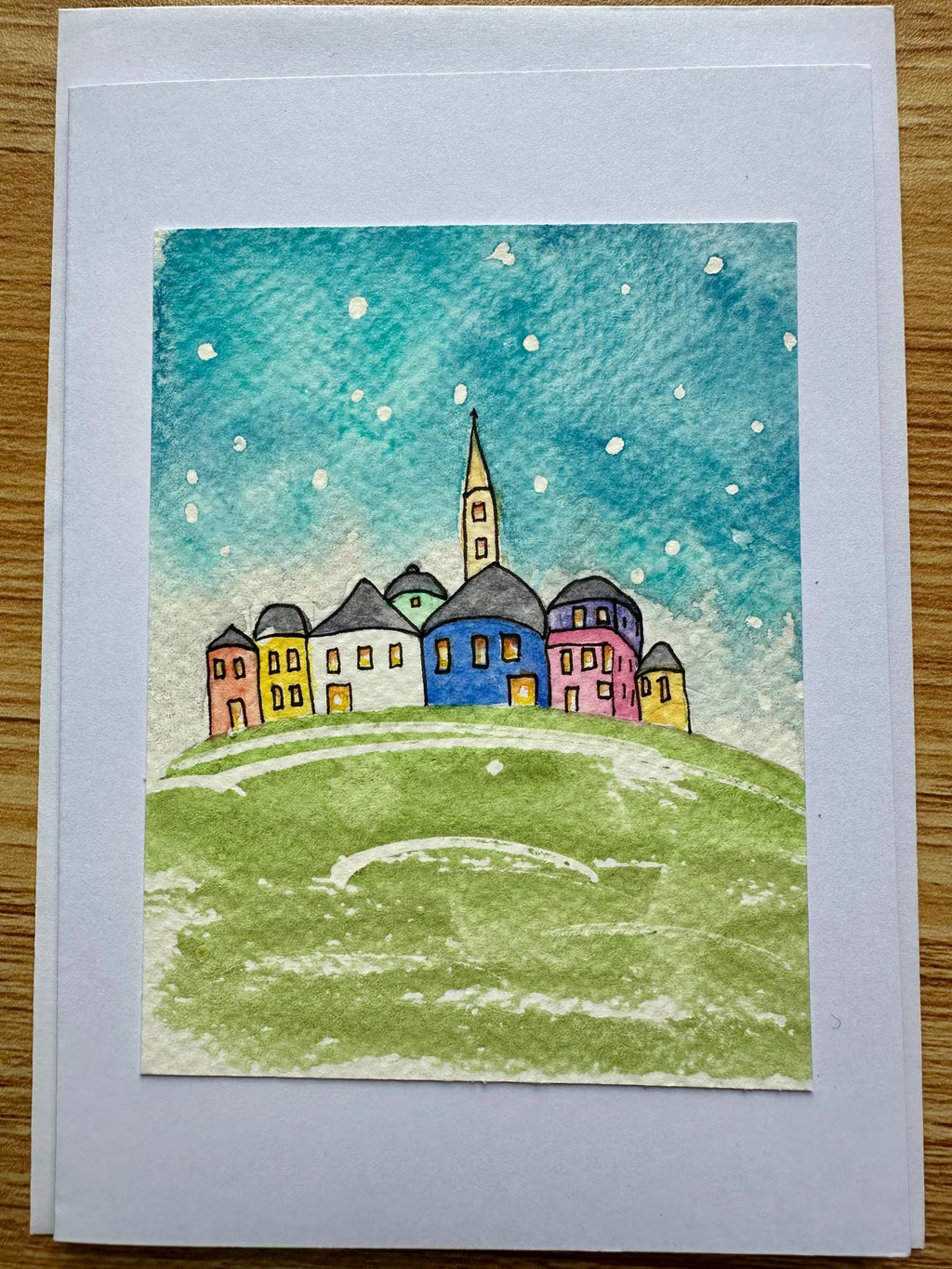 Conjunto de 5 cartões de Natal originais pintados à mão em aquarela, 10 x 15 cm, com envelope.