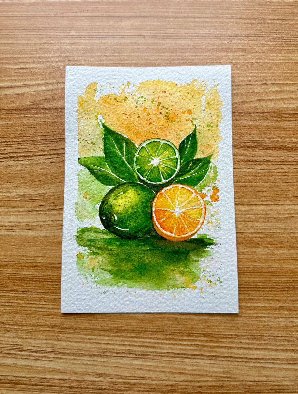 Limes and Orange — Pintura Original Única em Aquarela Profissional sobre Papel de Algodão, 13x18cm, sem moldura