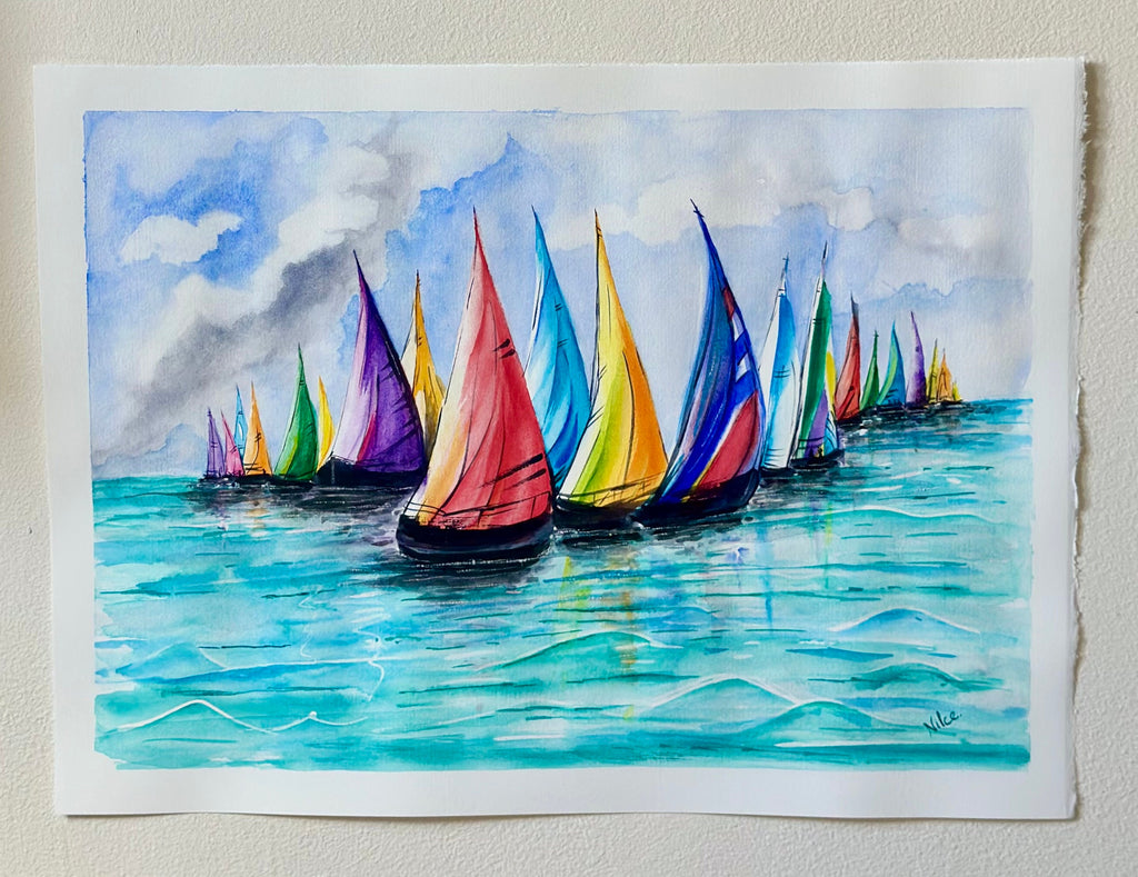 Regata, pintura original em aquarela de barcos, 38 x 28 cm, sem moldura.