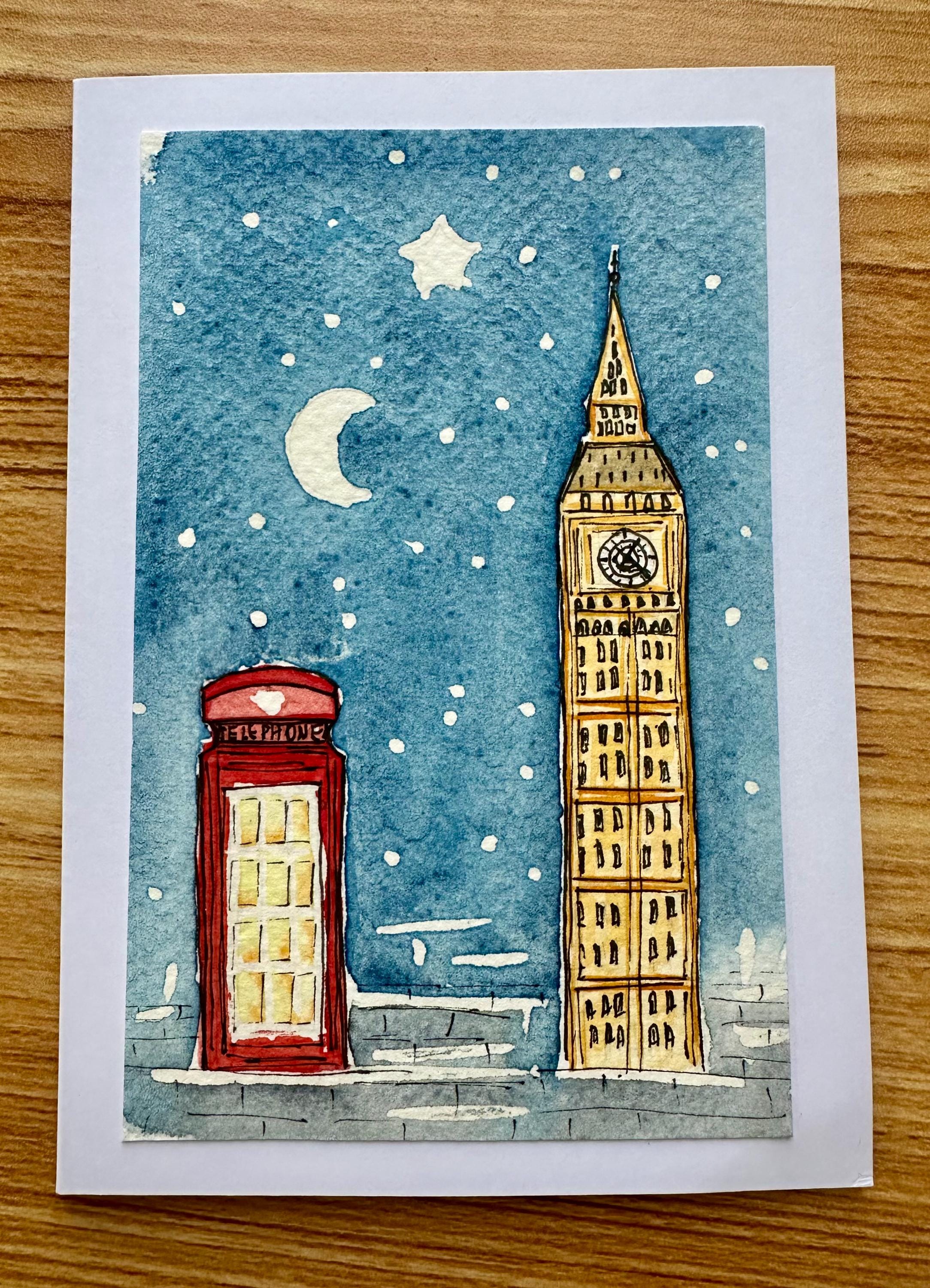 Conjunto de 5 cartões de Natal originais pintados à mão em aquarela, 10 x 15 cm, com envelope.