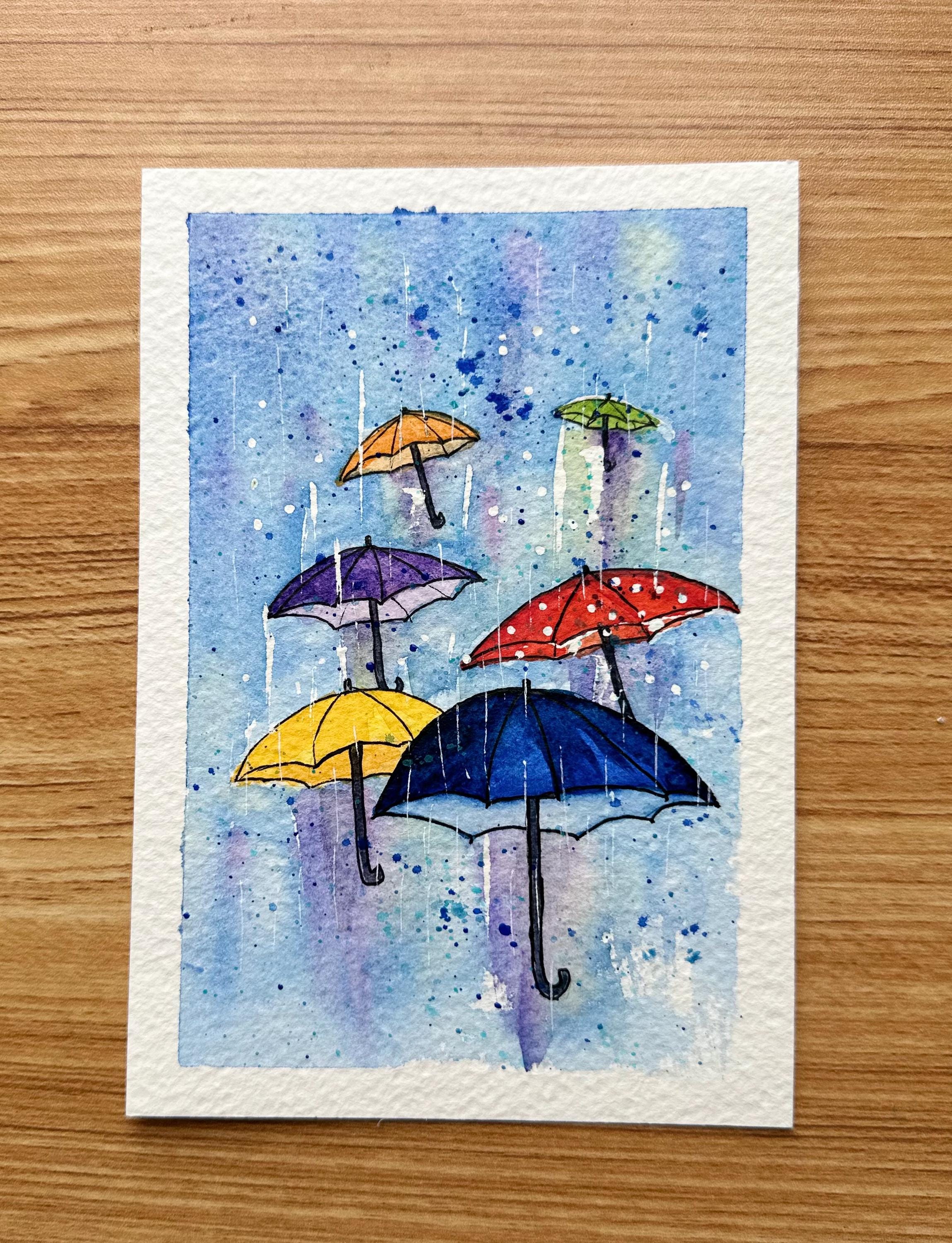 Pintura original em aquarela, guarda-chuvas coloridas, 13 x 18 cm, sem moldura.