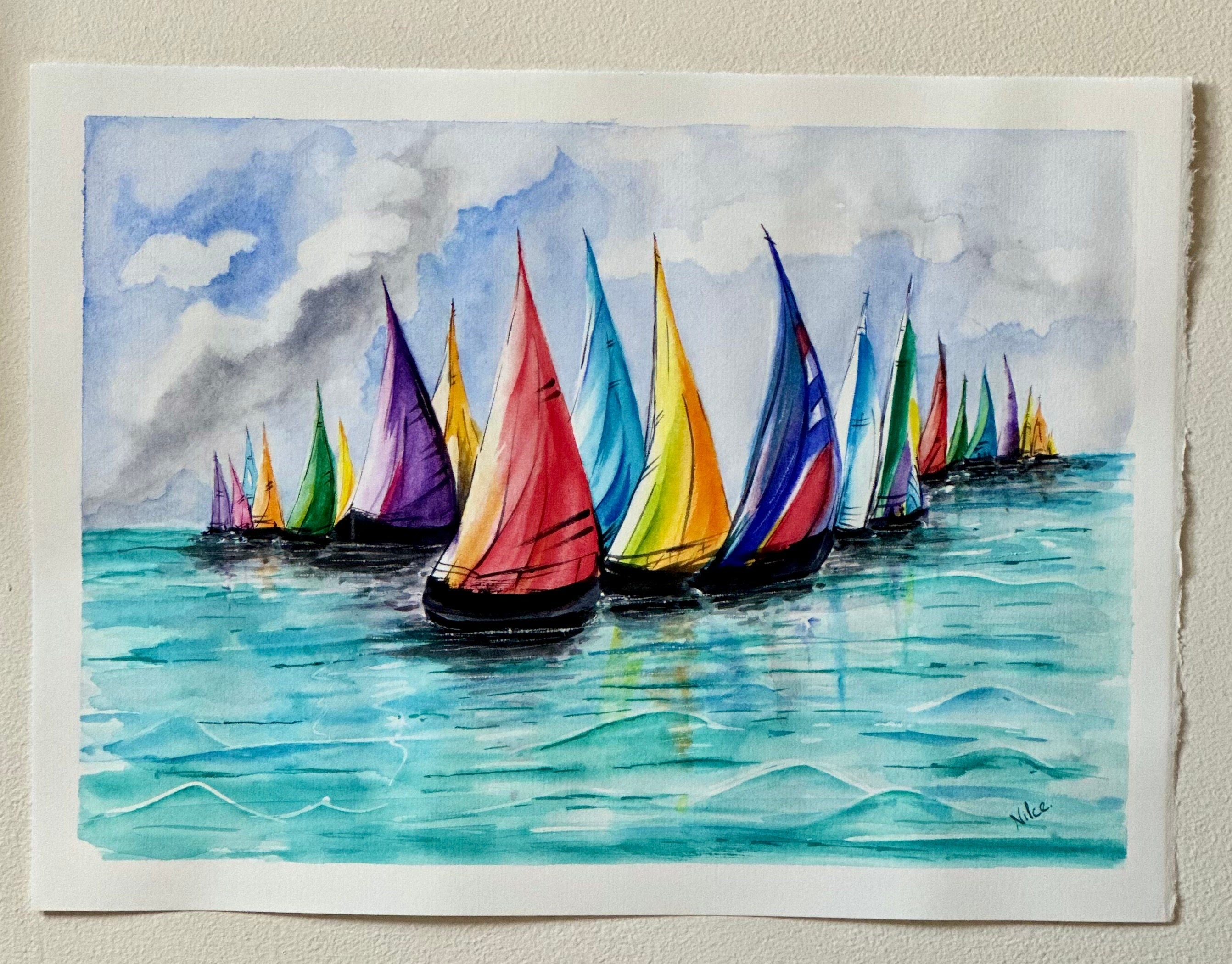 Regata, pintura original em aquarela de barcos, 38 x 28 cm, sem moldura.