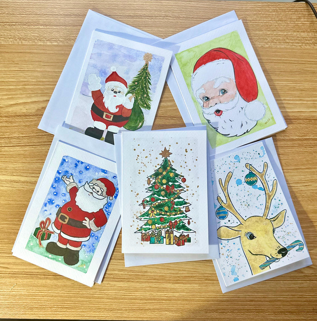 Cartão de Natal original em aquarela, pintado à mão, 13 x 18 cm, com envelope kit com 5.