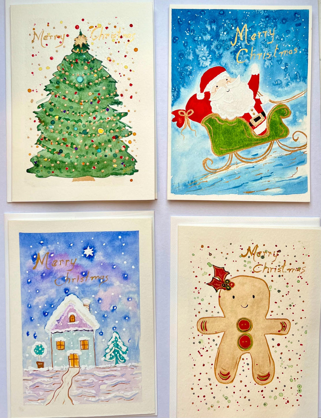 Cartão de Natal original em aquarela pintado à mão, 13 x 18 cm, com envelope, conjunto de 4