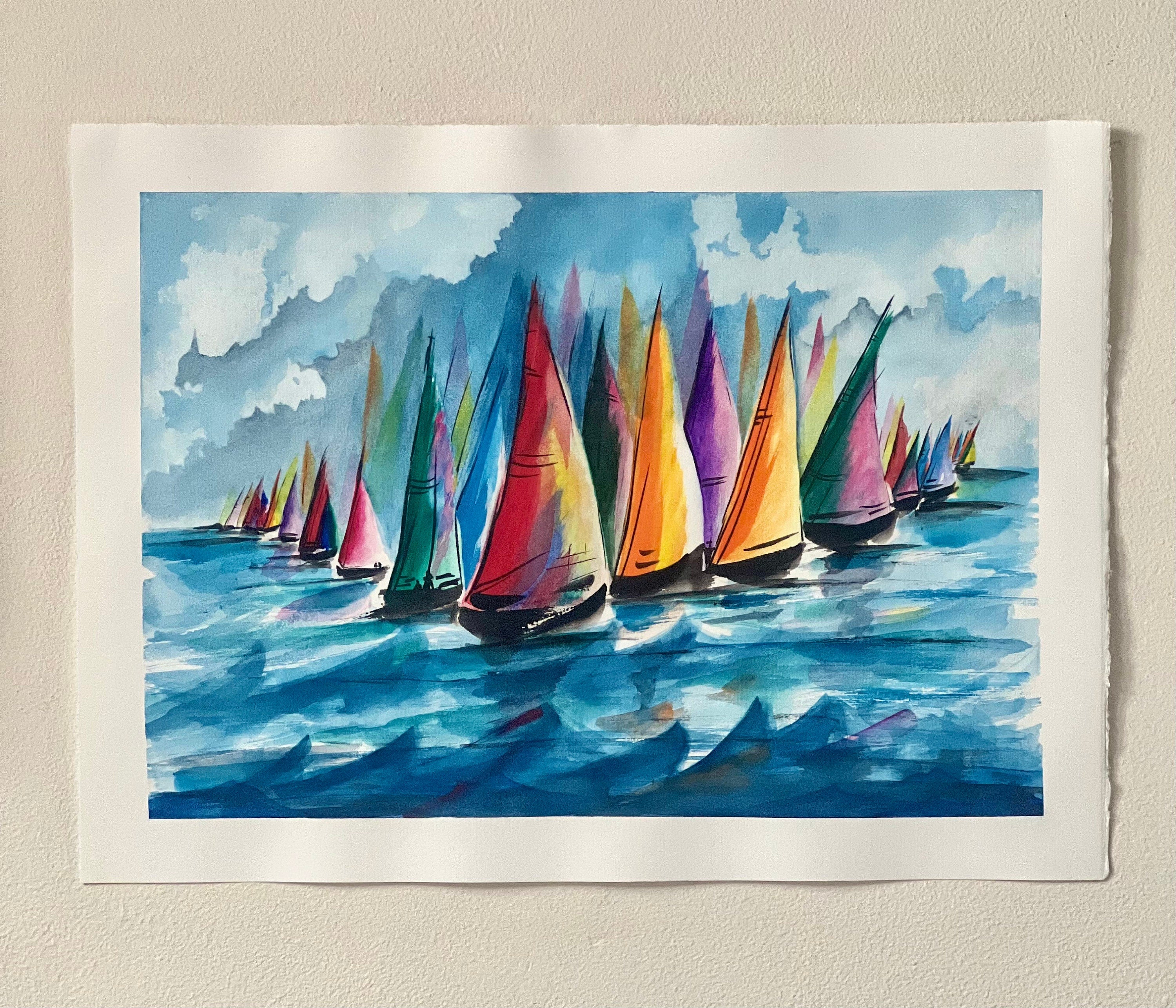 Pintura original em aquarela de veleiros