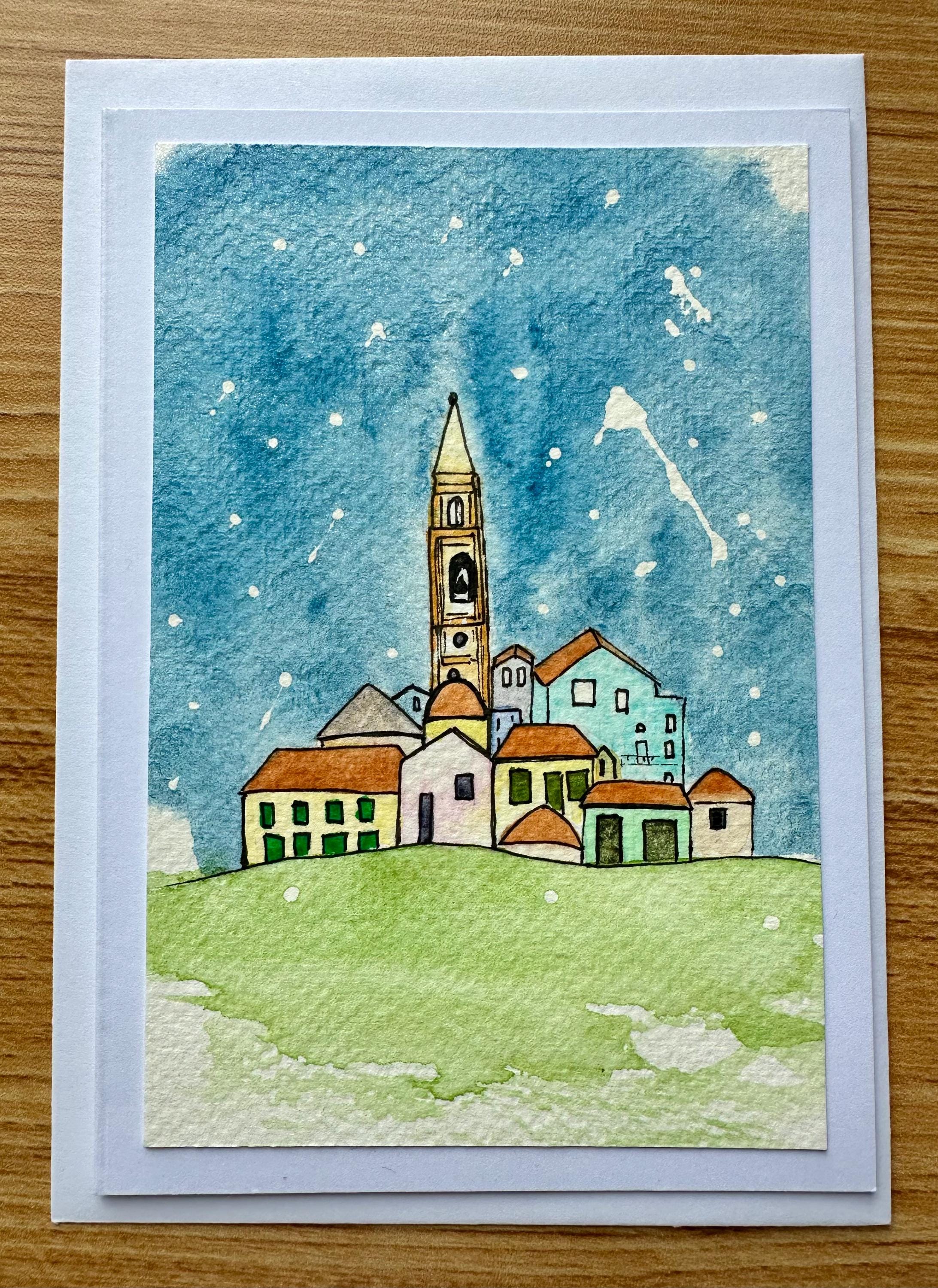 Conjunto de 5 cartões de Natal originais pintados à mão em aquarela, 10 x 15 cm, com envelope.