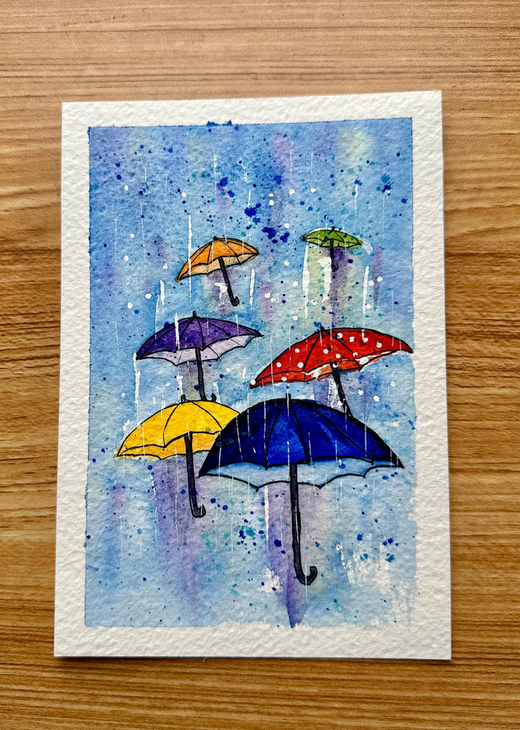 Pintura original em aquarela, guarda-chuvas coloridas, 13 x 18 cm, sem moldura.