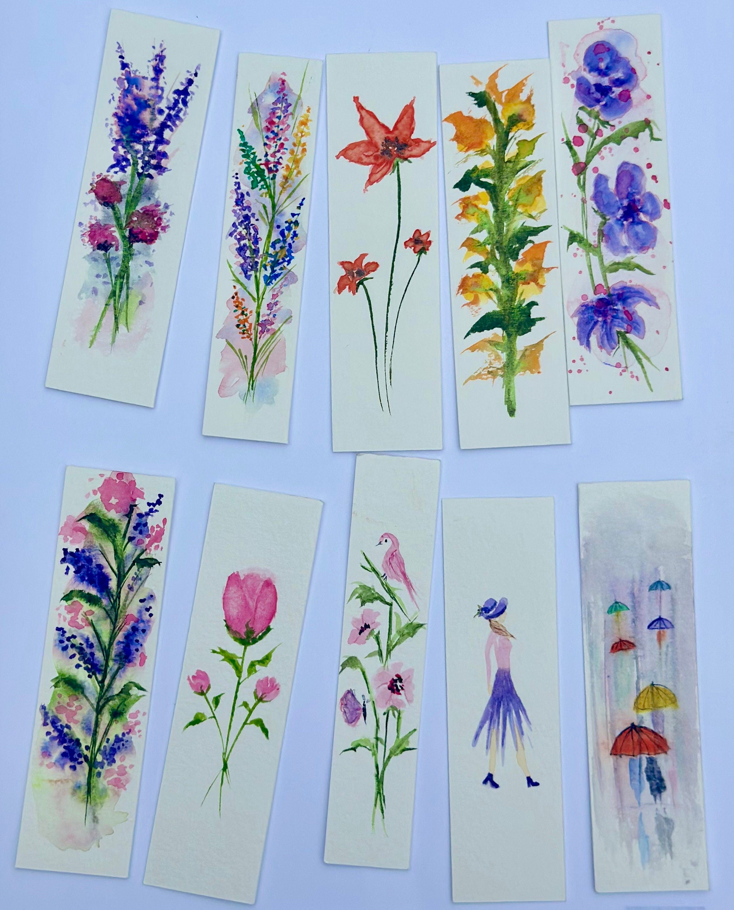 Marcadores de livros originais em aquarela pintados à mão para amantes de livros. CONJUNTO DE 10.