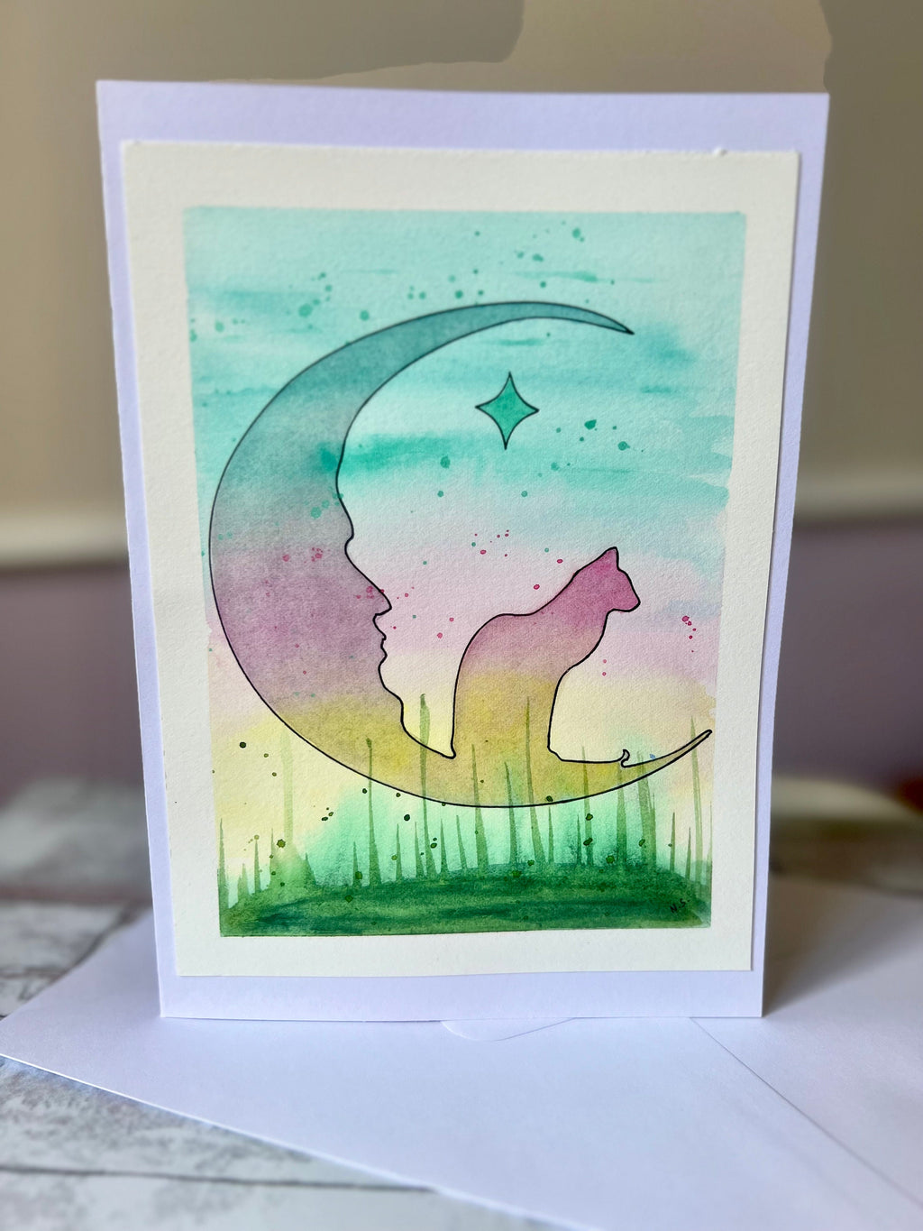 Cartões de felicitações originais em aquarela, o gato e a lua, cartão com gatos fofos, cartões especiais, 15 x 21 cm, com envelope.