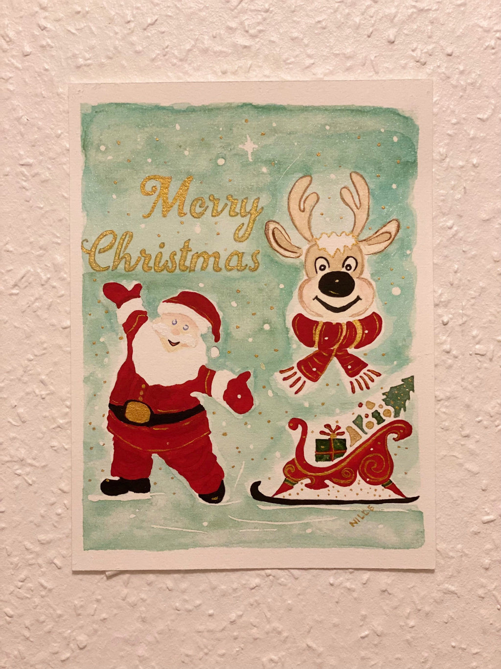 Cartão de Natal original em aquarela, Feliz Natal, cartão de arte, pintado à mão, 13 x 18 cm, com envelope.