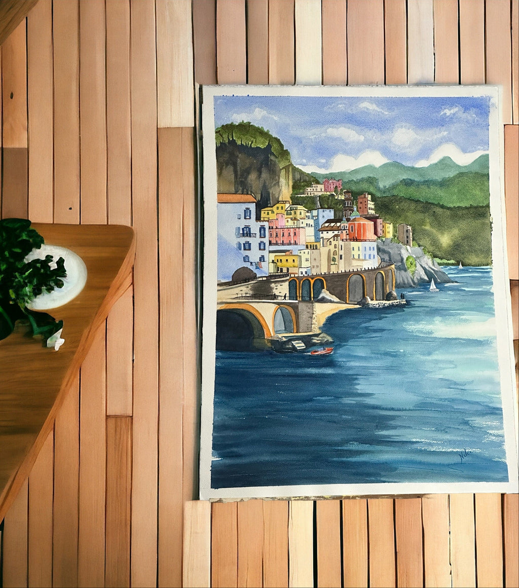 Pintura em aquarela original da Costa Amalfitana, 57 x 77 cm, sem moldura.