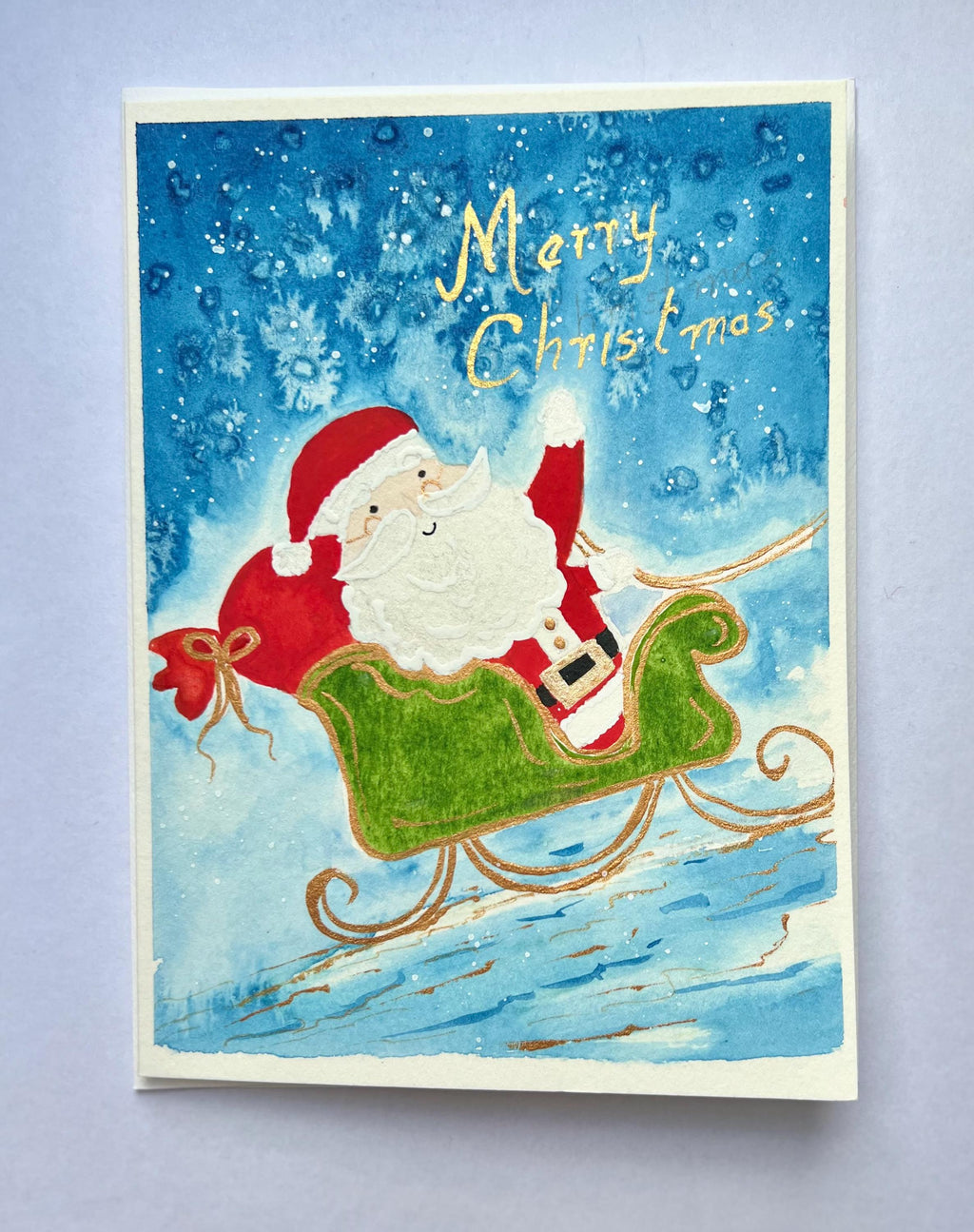 Cartão de Natal original em aquarela pintado à mão, 13 x 18 cm, com envelope, conjunto de 4