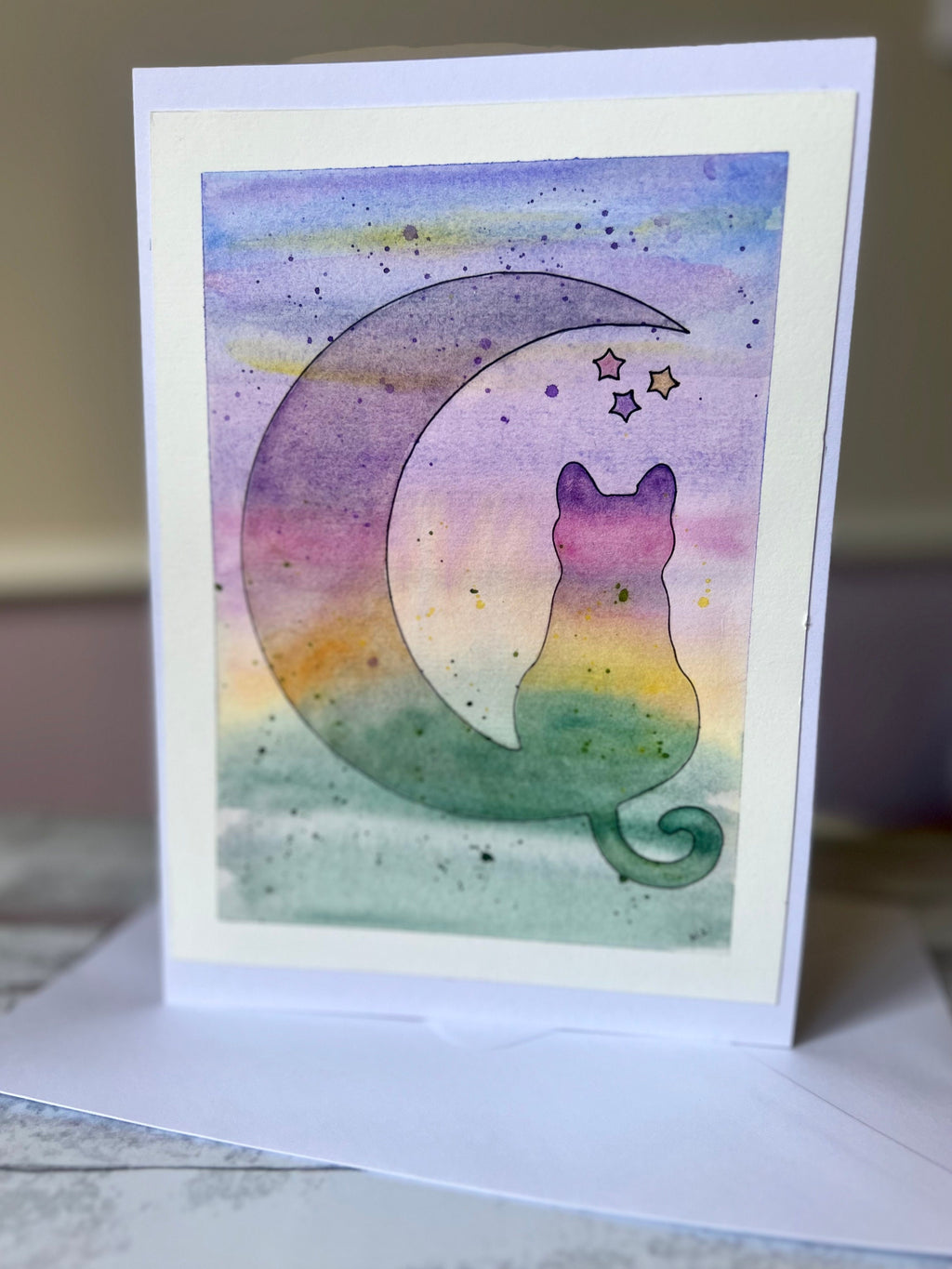 Cartões de felicitações originais em aquarela, o gato e a lua, cartão com gatos fofos, cartões especiais, 15 x 21 cm, com envelope.