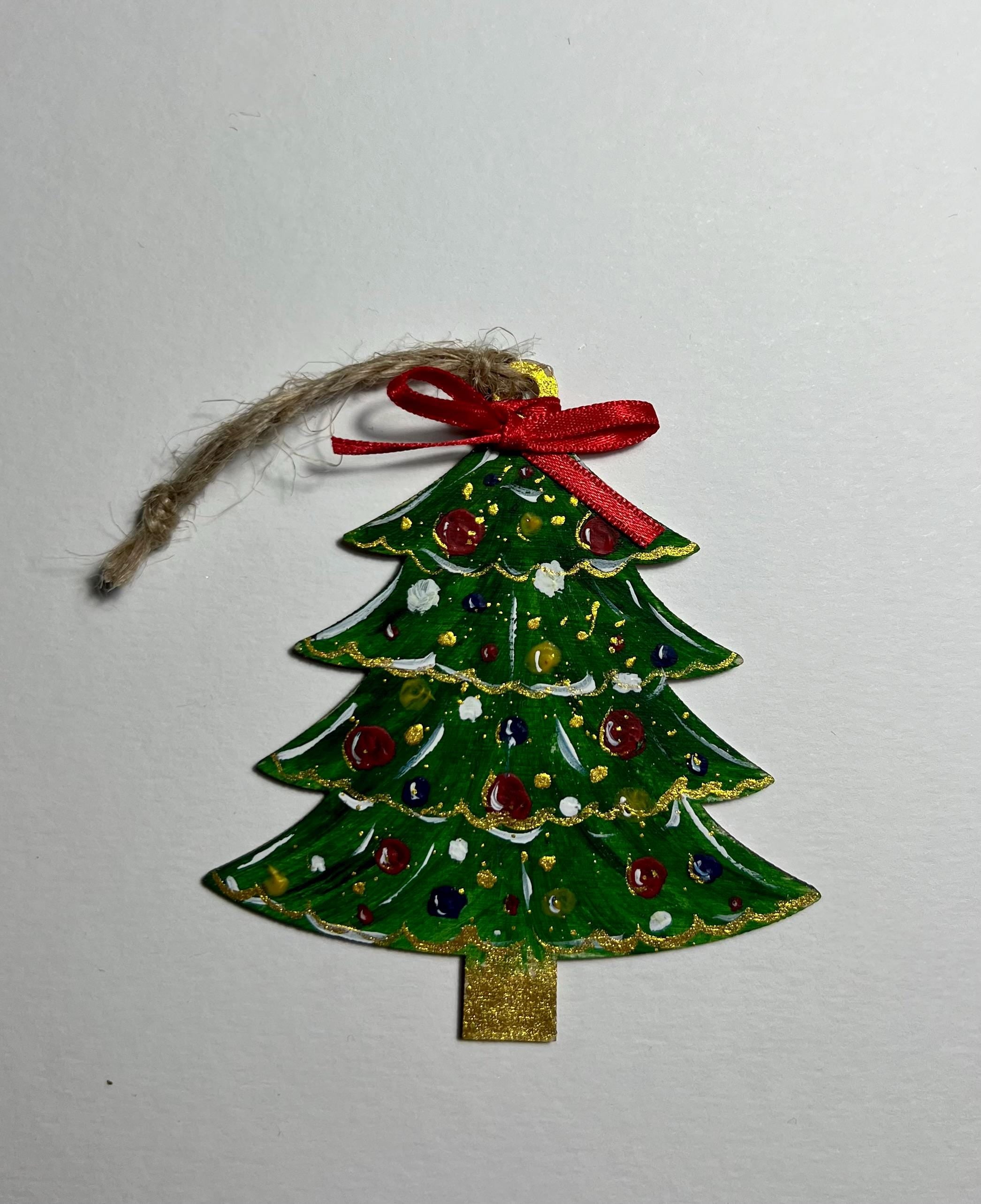 Enfeites para árvores de Natal, mini pinturas originais em aquarela sobre madeira, conjunto de 5, prontos para pendurar.