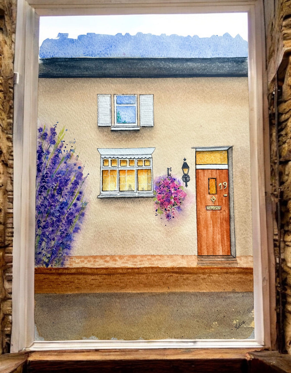 Pintura original em aquarela "Home Door", 28 x 38 cm, sem moldura.