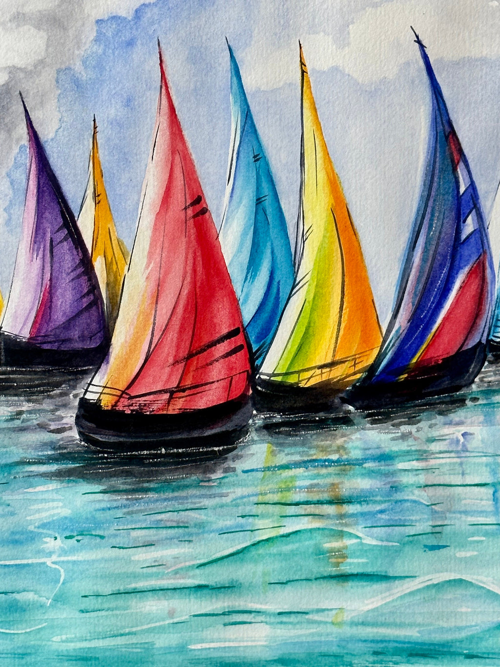 Regata, pintura original em aquarela de barcos, 38 x 28 cm, sem moldura.