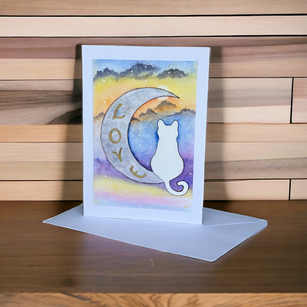 Cartões de felicitações originais em aquarela, o gato e a lua, cartão com gatos fofos, cartões especiais, 15 x 21 cm, com envelope.