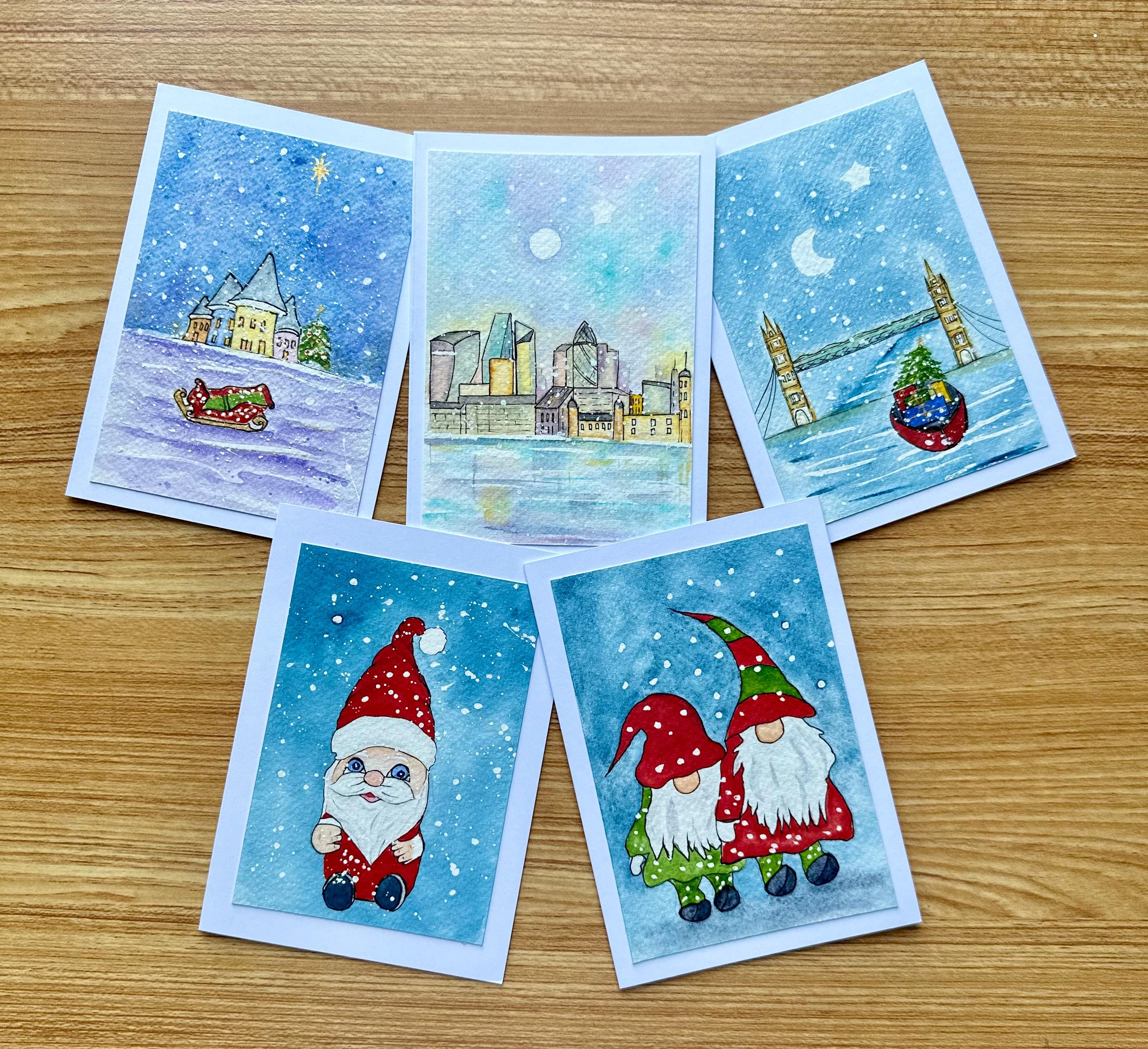 Cartões de Natal originais em aquarela, pintados à mão, 10 x 15 cm com envelope, CONJUNTO de 5.