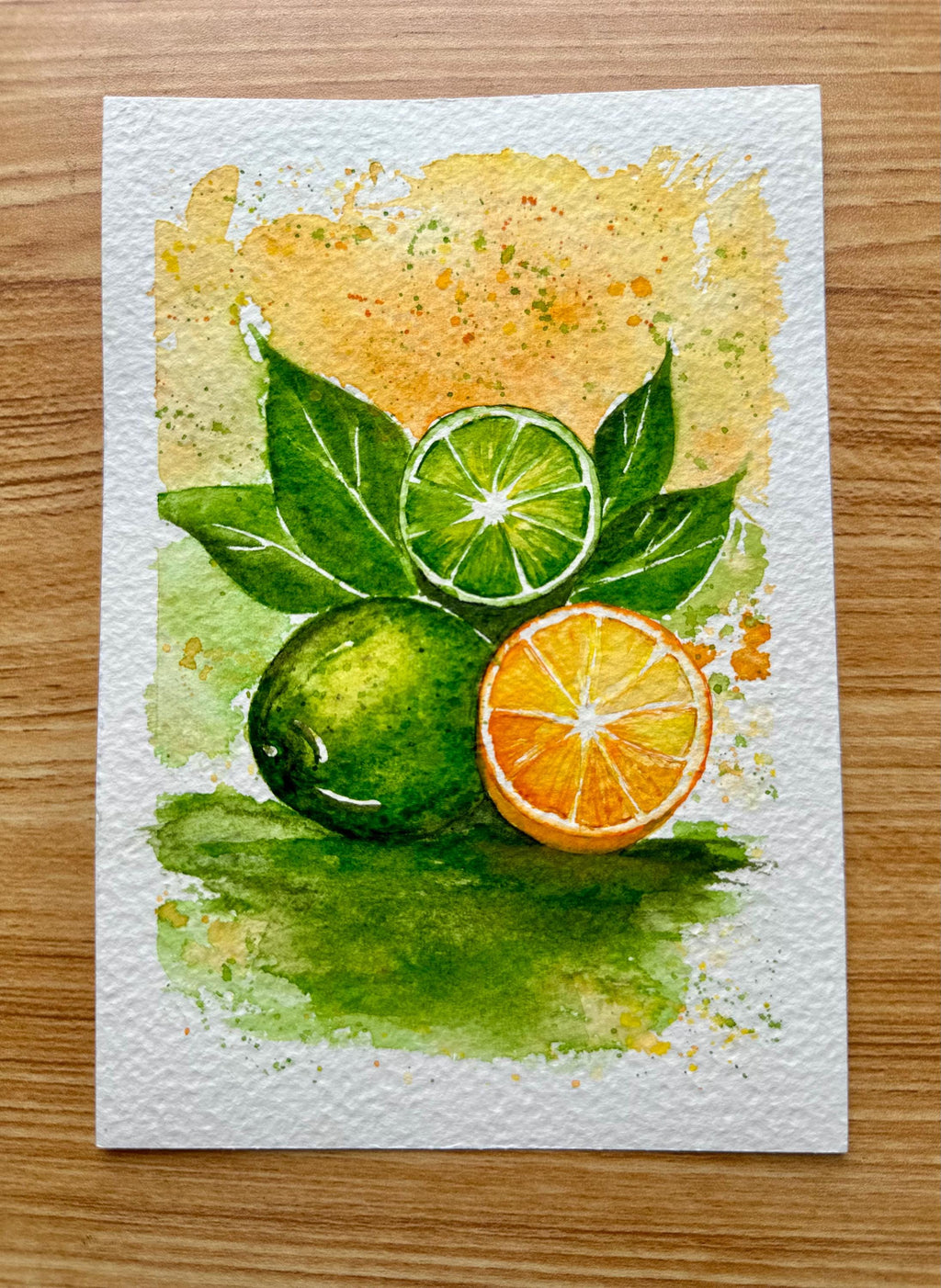 Limes and Orange — Pintura Original Única em Aquarela Profissional sobre Papel de Algodão, 13x18cm, sem moldura