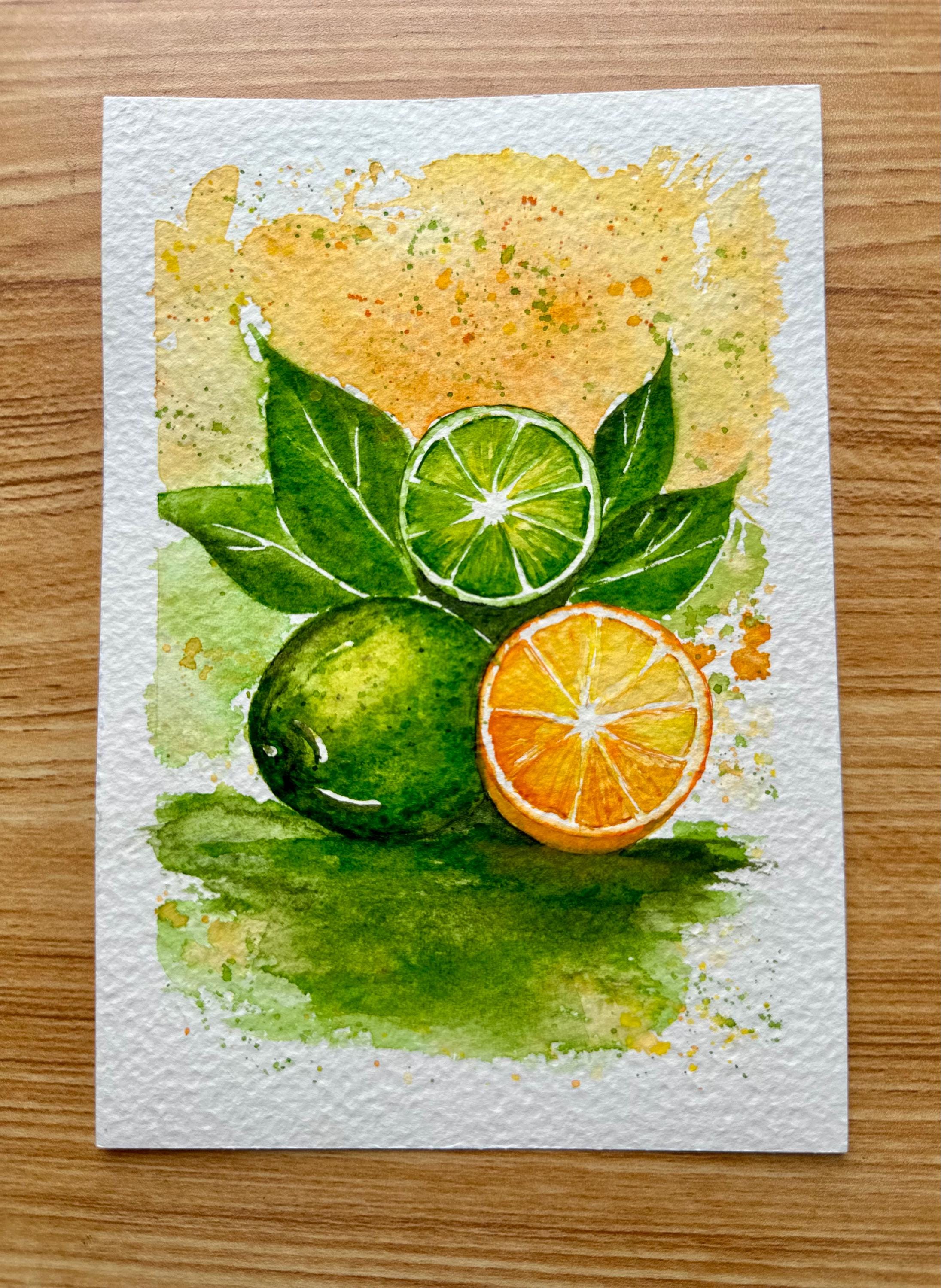 Limes and Orange — Pintura Original Única em Aquarela Profissional sobre Papel de Algodão, 13x18cm, sem moldura