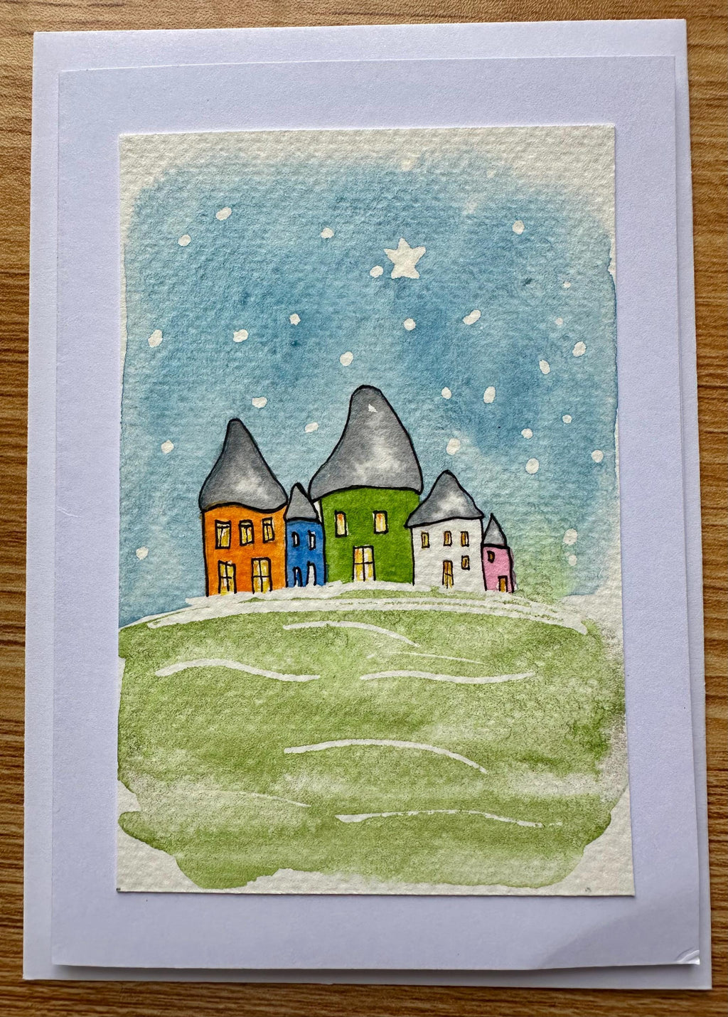 Conjunto de 5 cartões de Natal originais pintados à mão em aquarela, 10 x 15 cm, com envelope.