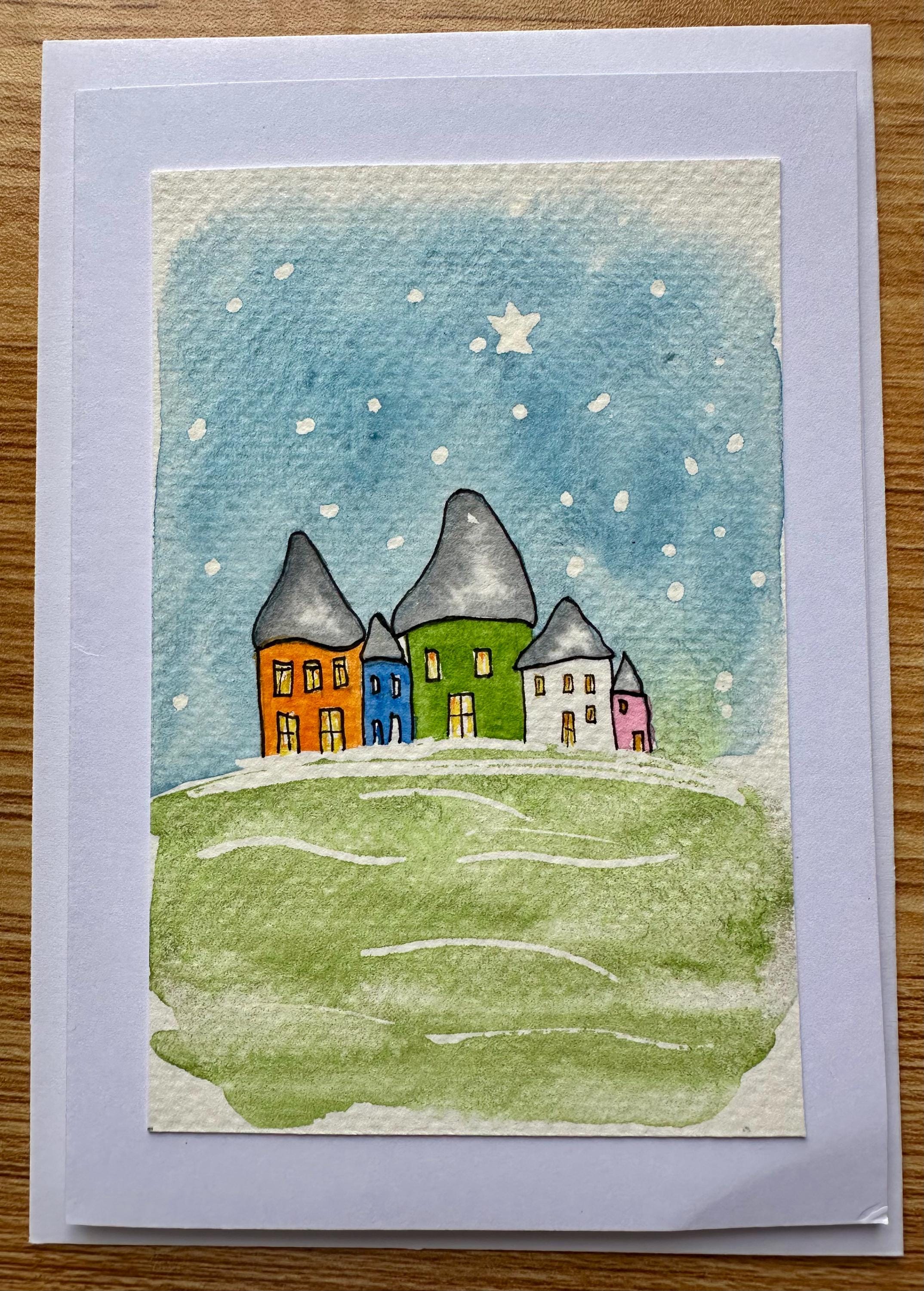 Conjunto de 5 cartões de Natal originais pintados à mão em aquarela, 10 x 15 cm, com envelope.