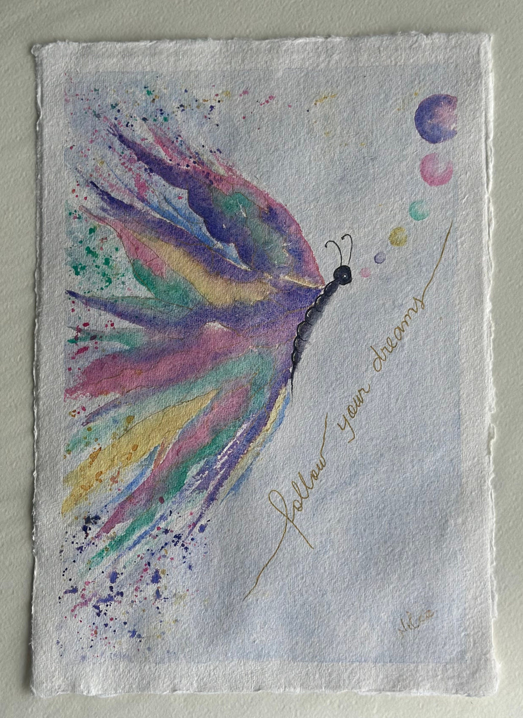 Pintura Original em Aquarela Borboleta Siga seus sonhos, 21 x 30 cm, sem moldura.