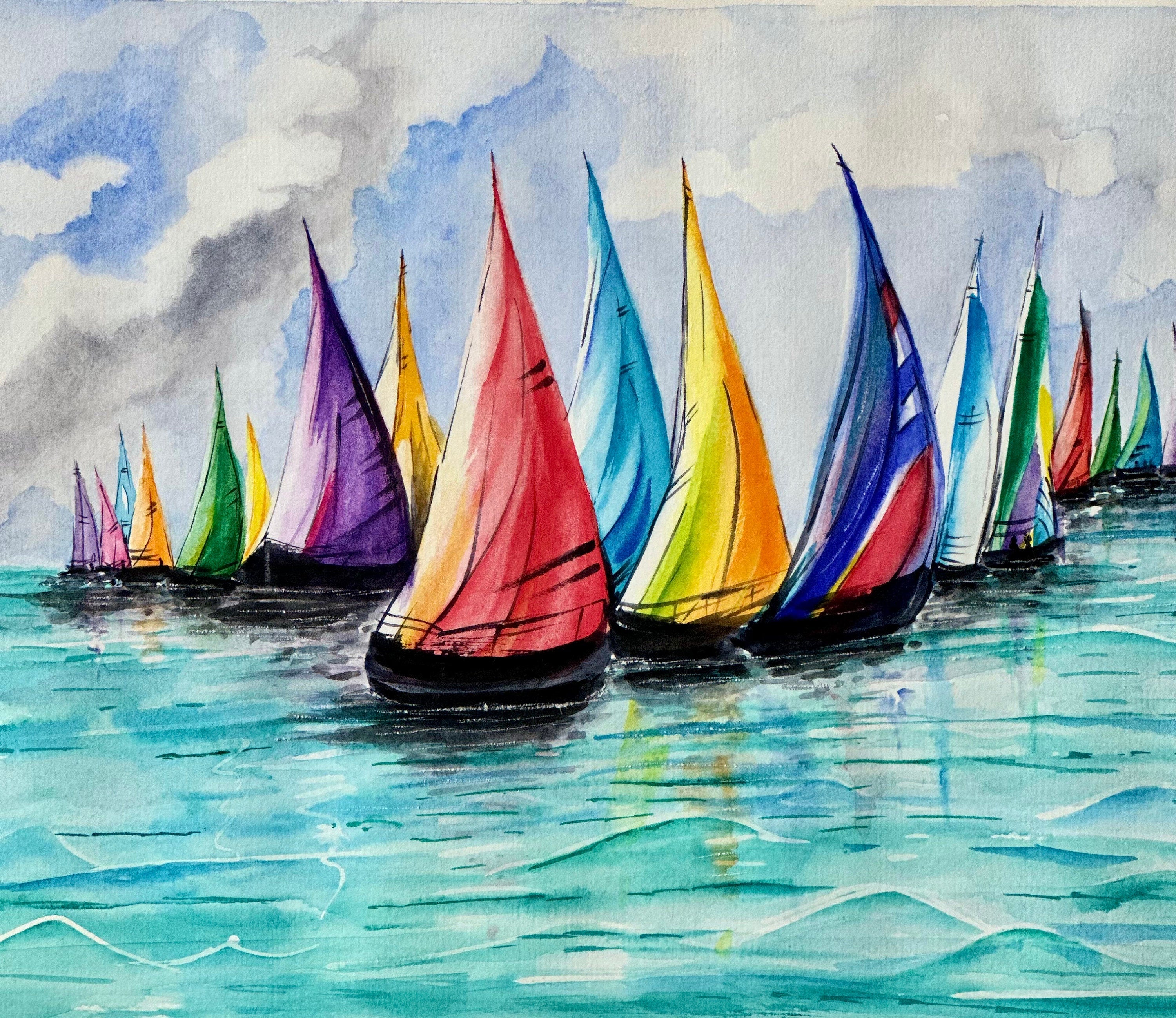 Regata, pintura original em aquarela de barcos, 38 x 28 cm, sem moldura.