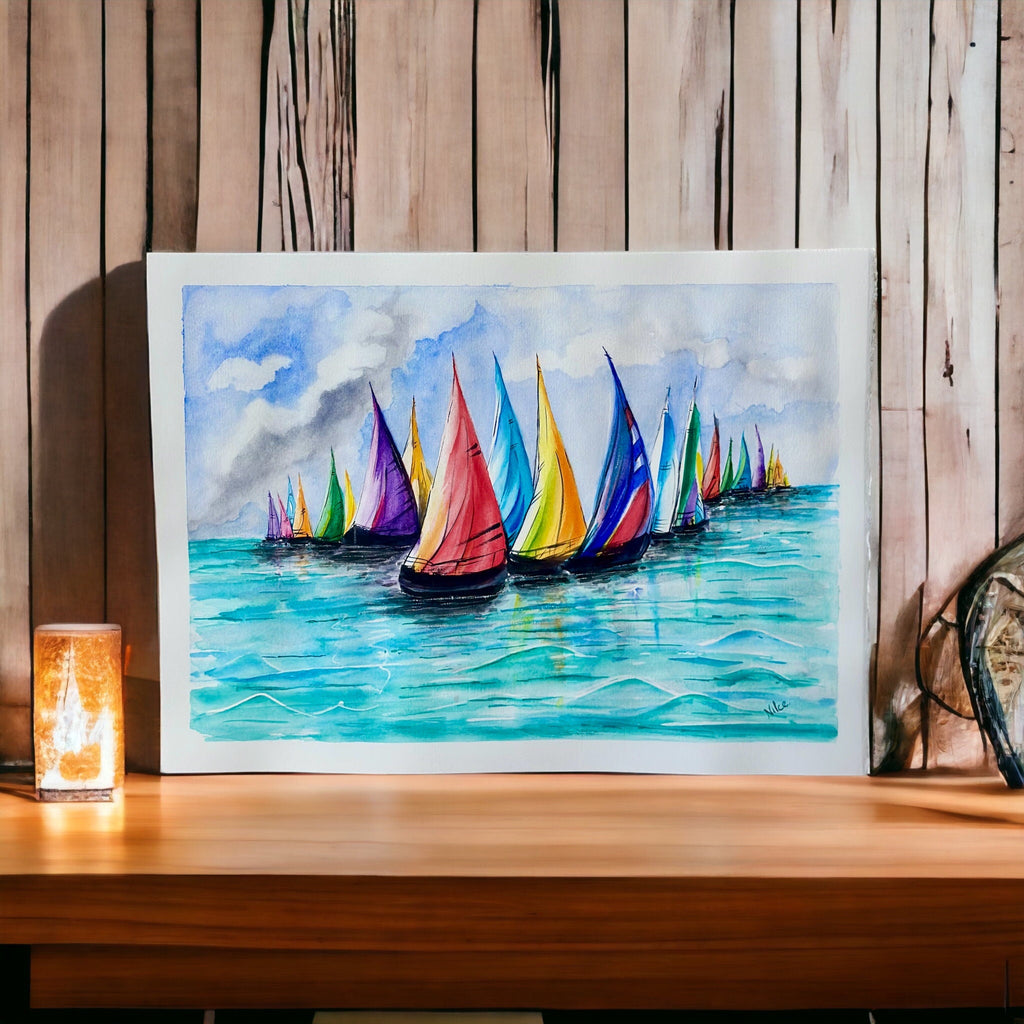 Regata, pintura original em aquarela de barcos, 38 x 28 cm, sem moldura.