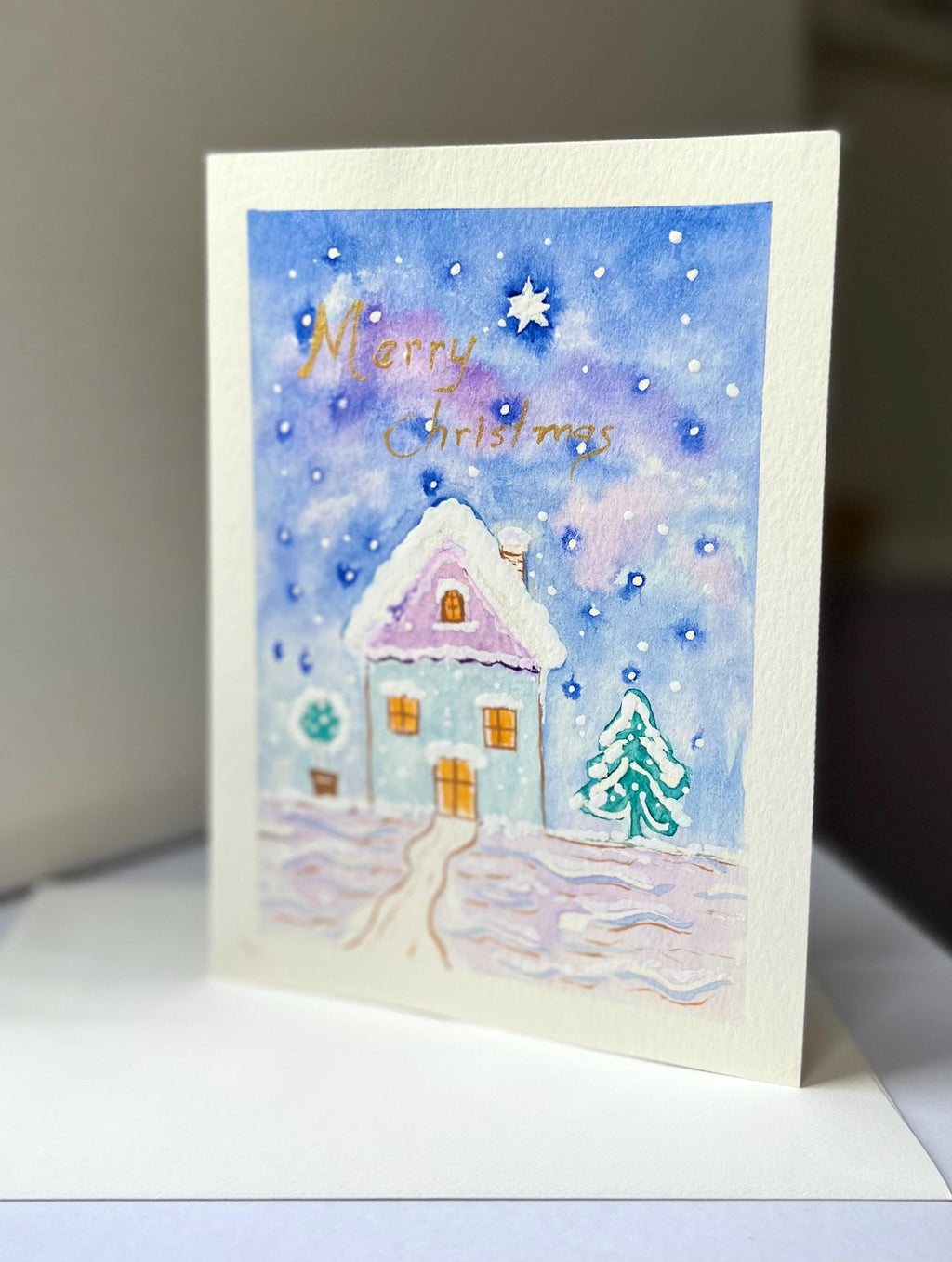 Cartão de Natal original em aquarela pintado à mão, 13 x 18 cm, com envelope, conjunto de 4