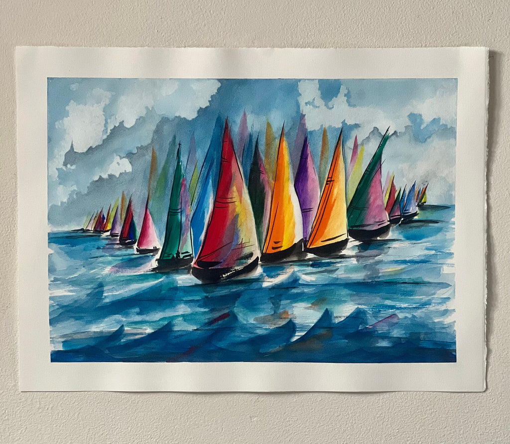 Pintura original em aquarela de veleiros