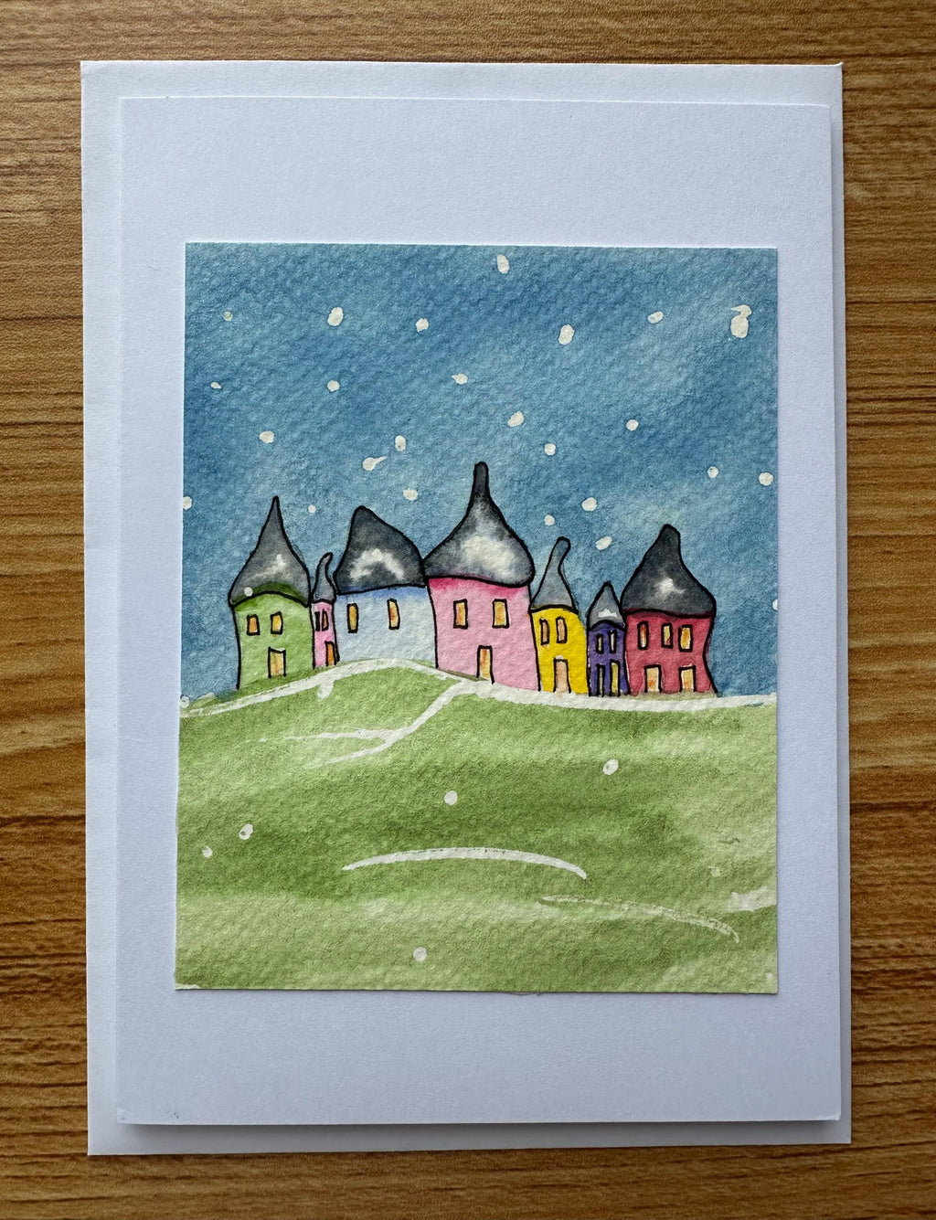 Conjunto de 5 cartões de Natal originais pintados à mão em aquarela, 10 x 15 cm, com envelope.