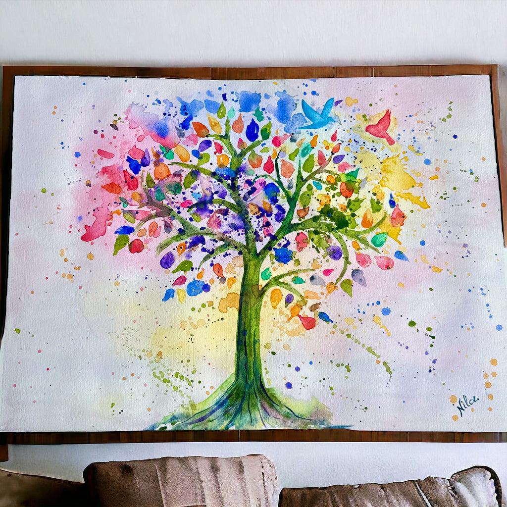 Pintura Original em Aquarela Árvore da vida, 38 x 28 cm, sem moldura.