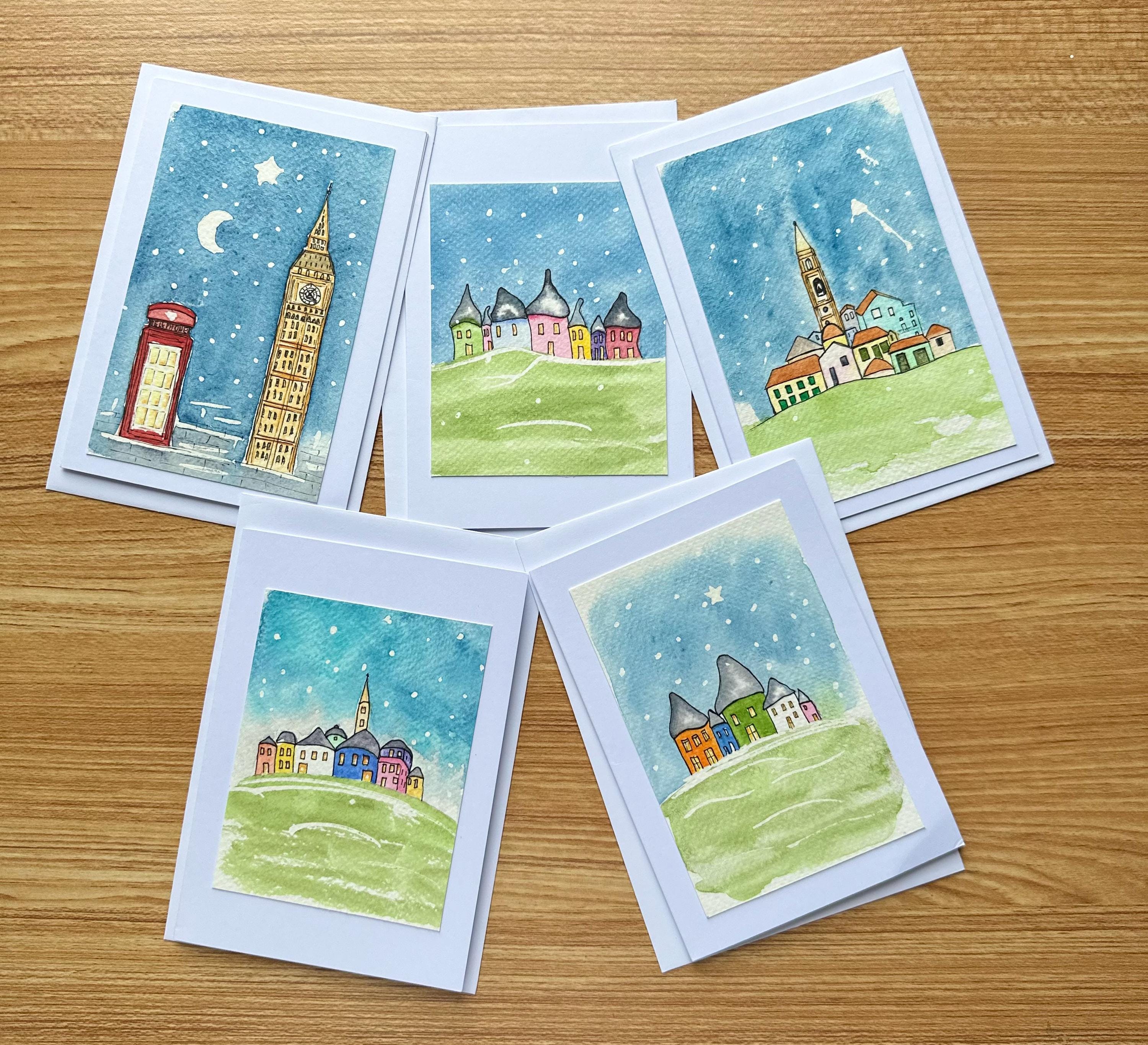Conjunto de 5 cartões de Natal originais pintados à mão em aquarela, 10 x 15 cm, com envelope.