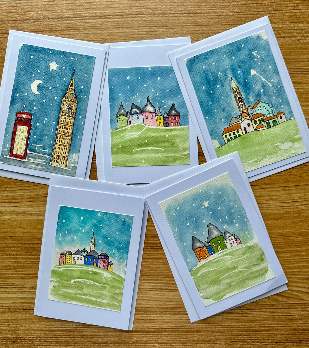 Conjunto de 5 cartões de Natal originais pintados à mão em aquarela, 10 x 15 cm, com envelope.