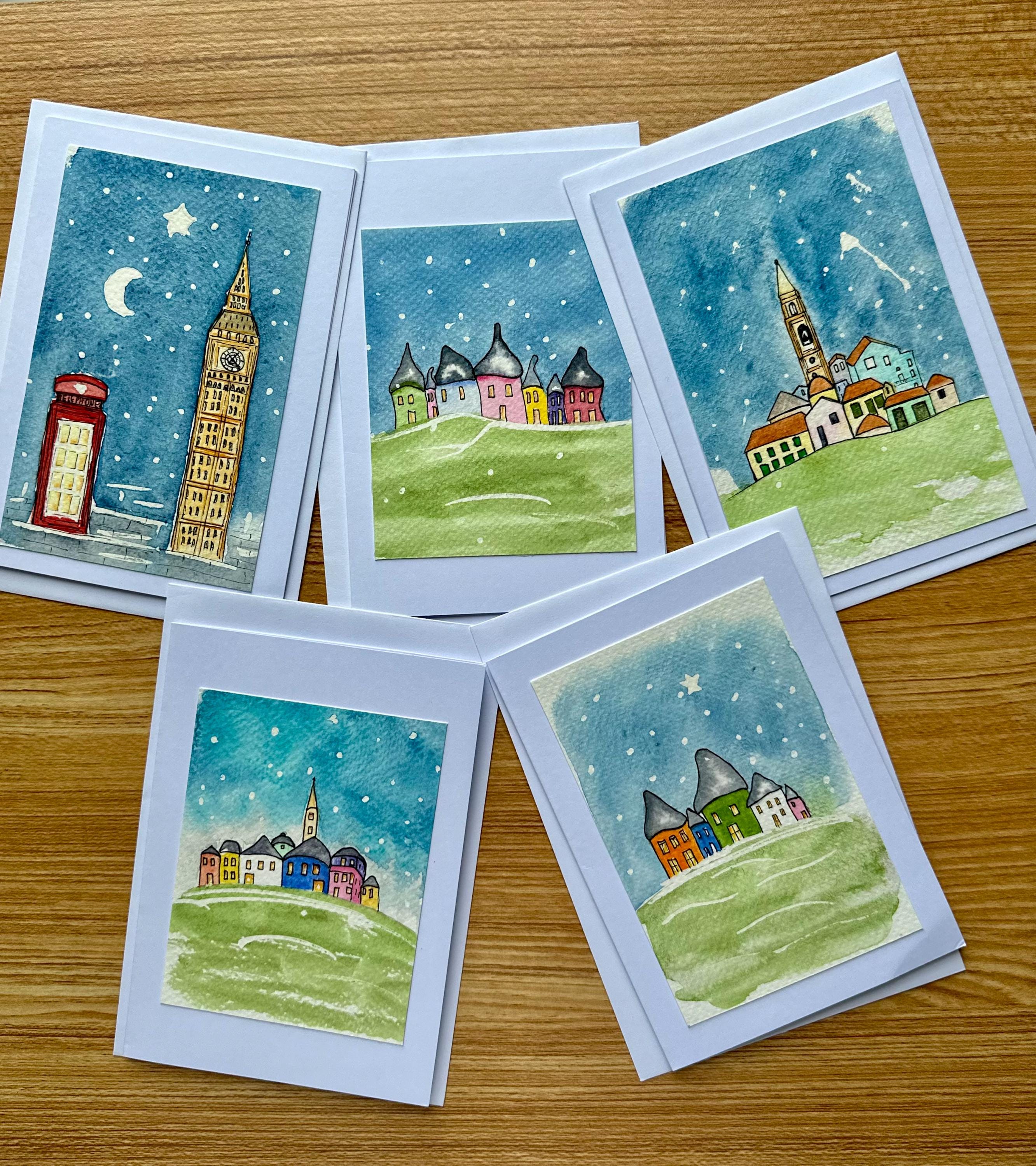 Conjunto de 5 cartões de Natal originais pintados à mão em aquarela, 10 x 15 cm, com envelope.
