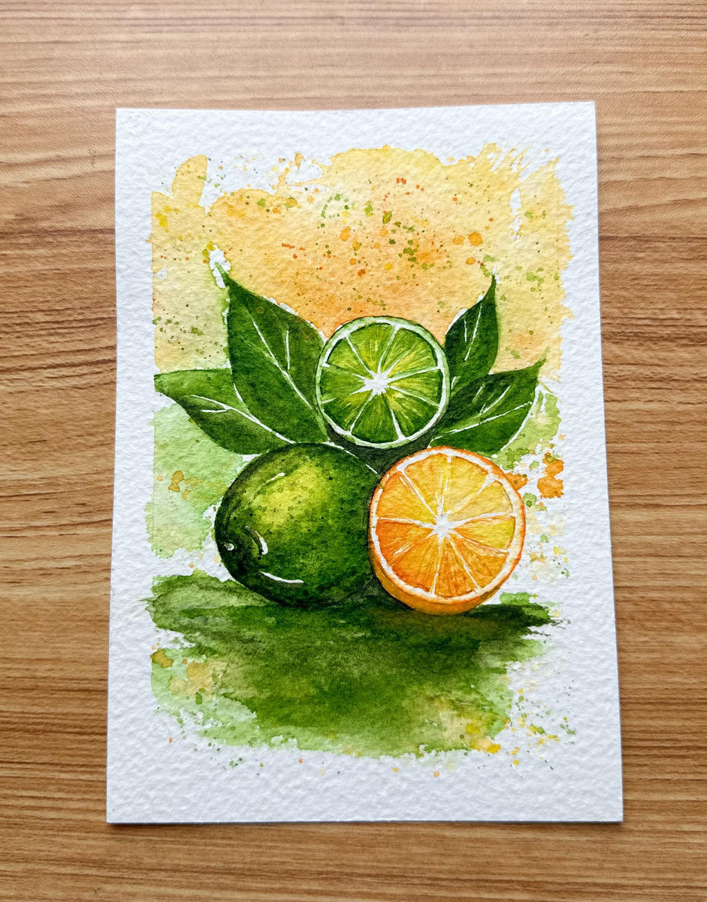 Limes and Orange — Pintura Original Única em Aquarela Profissional sobre Papel de Algodão, 13x18cm, sem moldura