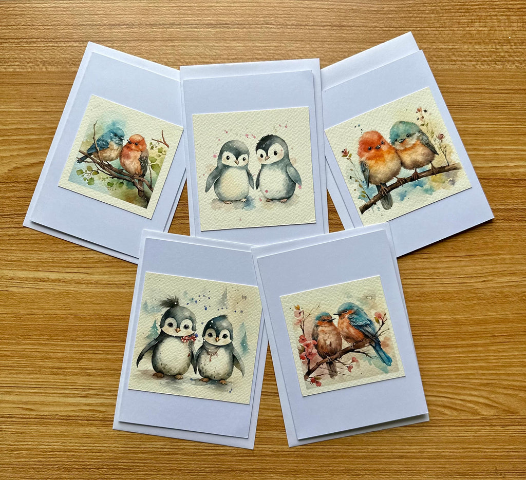 Conjunto de 5 cartões de Natal, pássaros fofos variados, 10 x 15 cm, com envelope.
