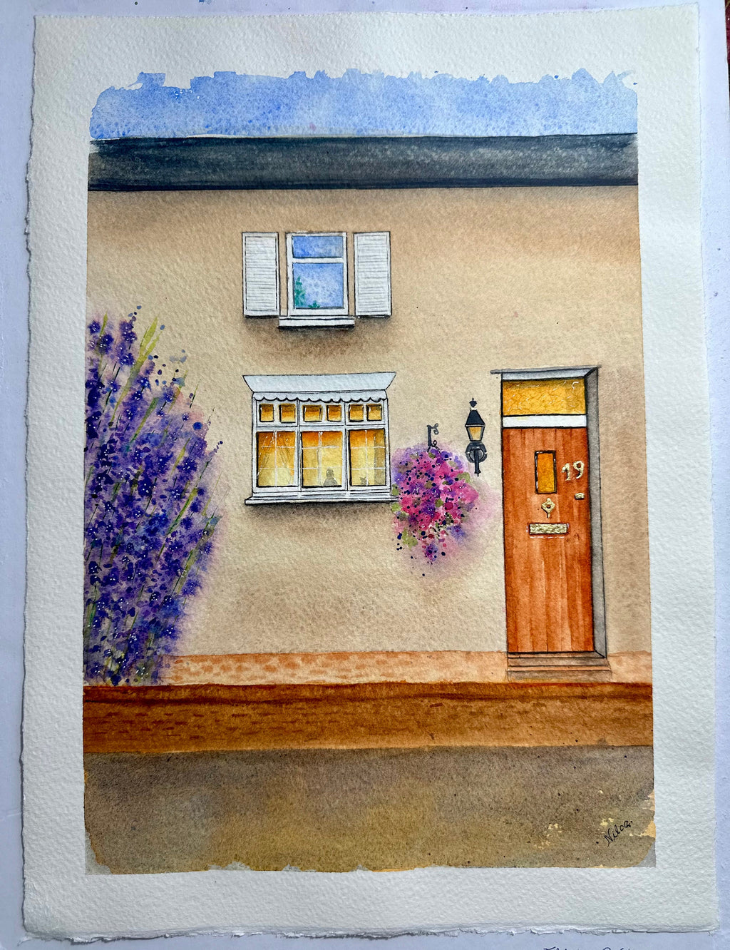 Pintura original em aquarela "Home Door", 28 x 38 cm, sem moldura.