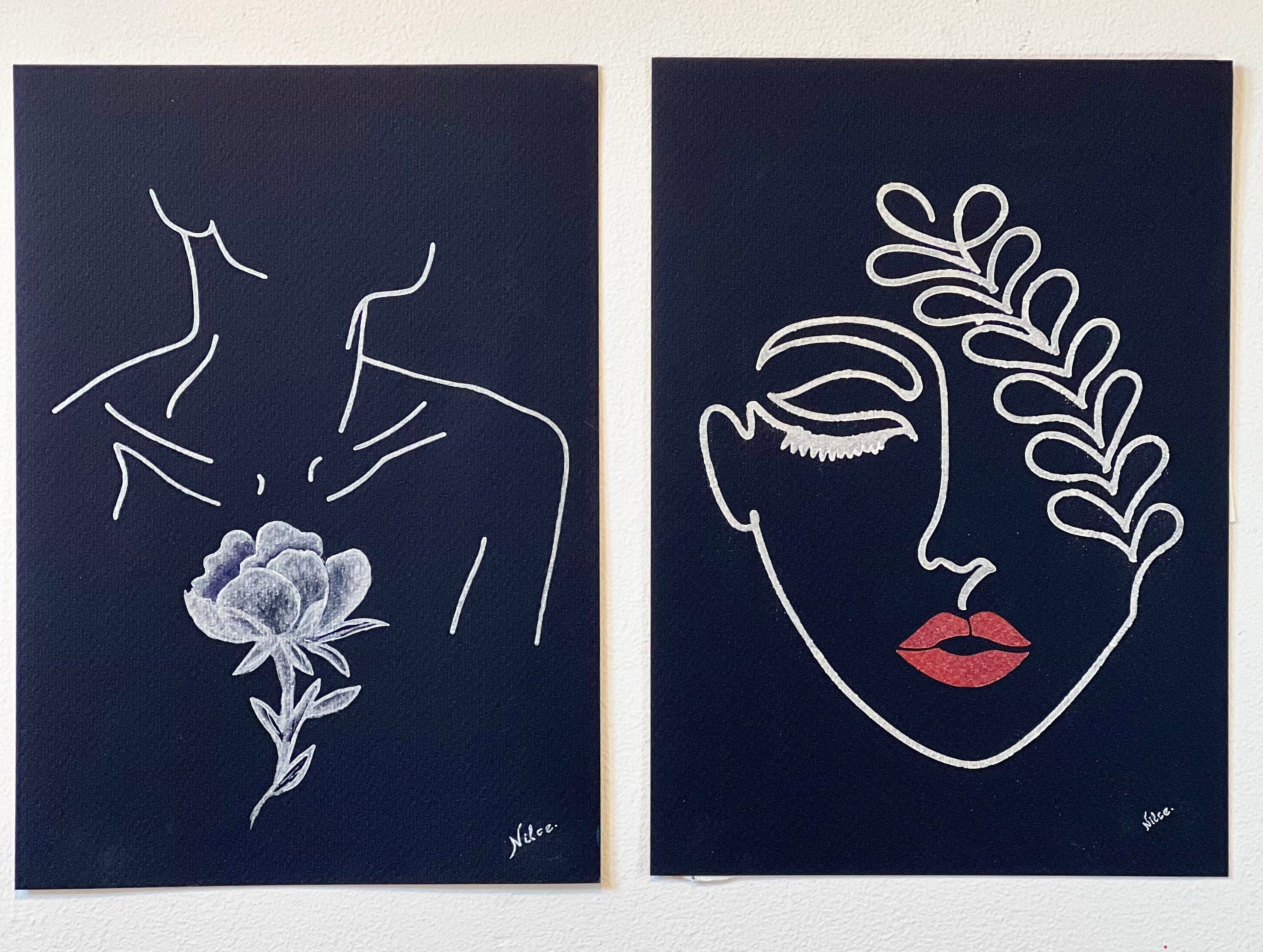 Pintura original em aquarela Mulheres - Conjunto de 2