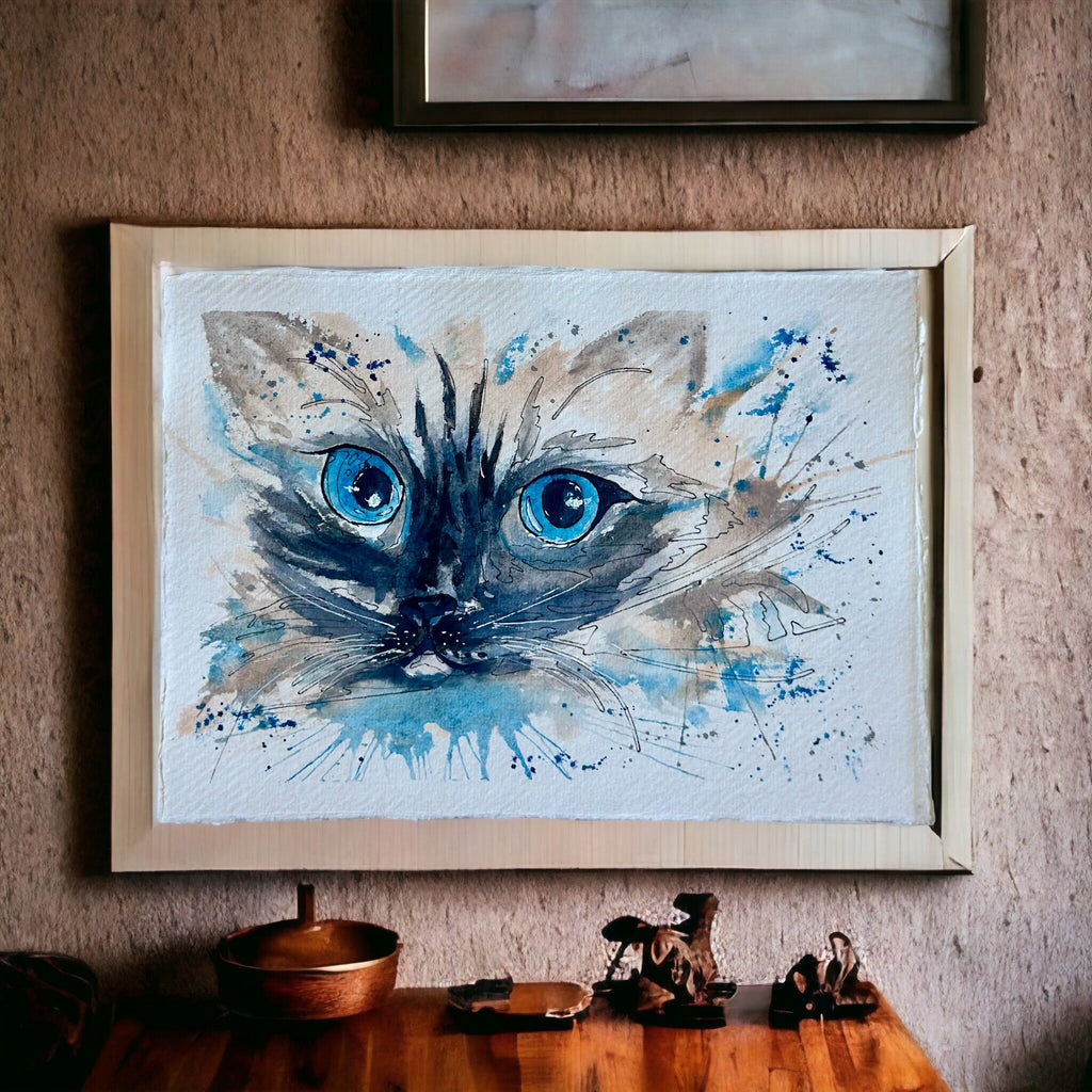 The Cat — Gato de Olhos Azuis | Pintura Original em Aquarela sobre Papel 100% Algodão, 15x21cm, sem moldura