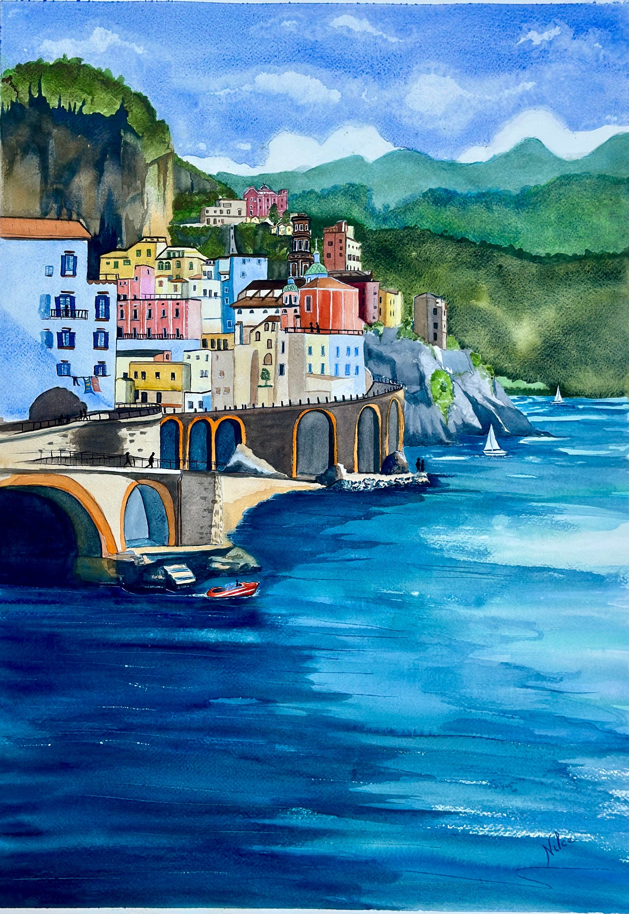 Pintura em aquarela original da Costa Amalfitana, 57 x 77 cm, sem moldura.