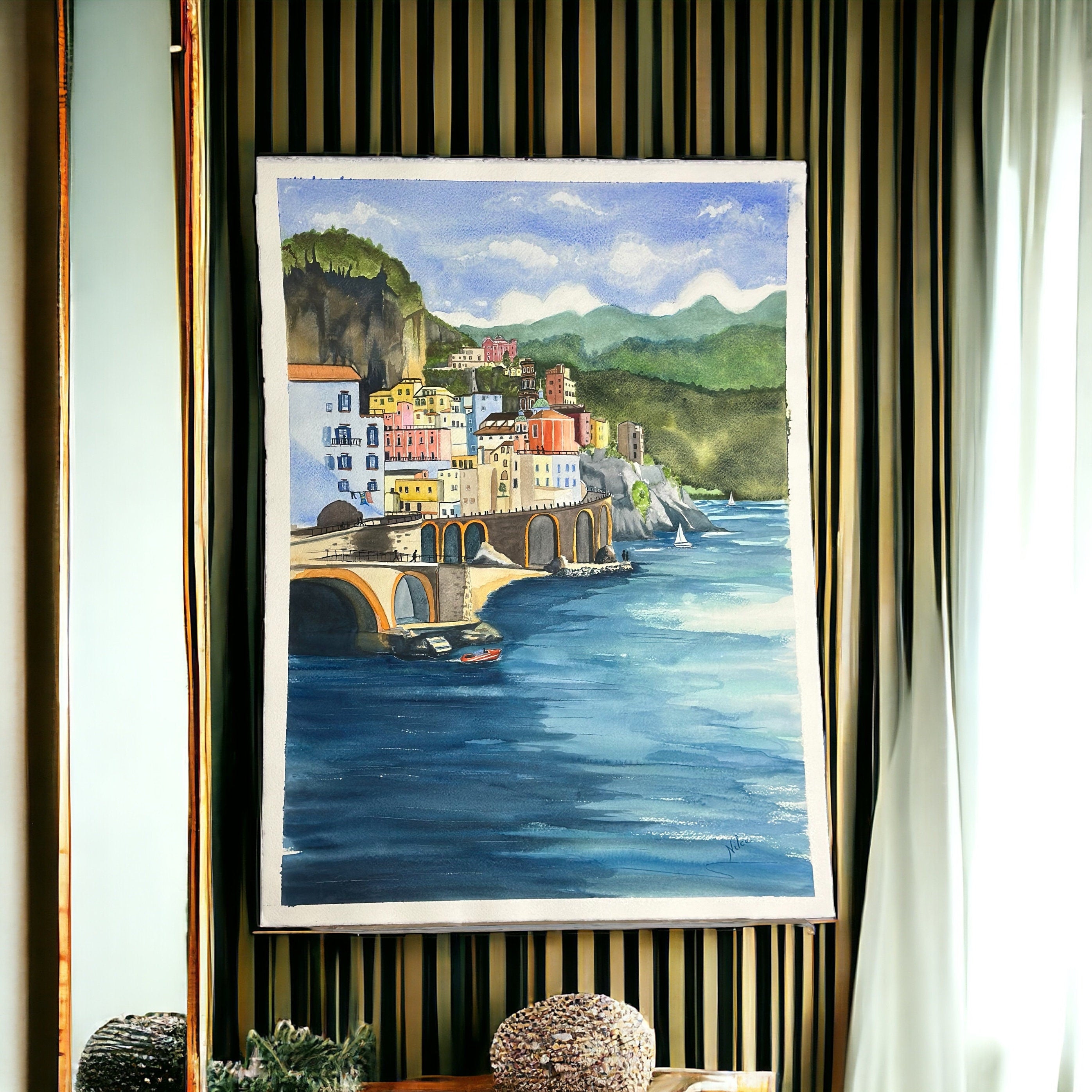 Pintura em aquarela original da Costa Amalfitana, 57 x 77 cm, sem moldura.