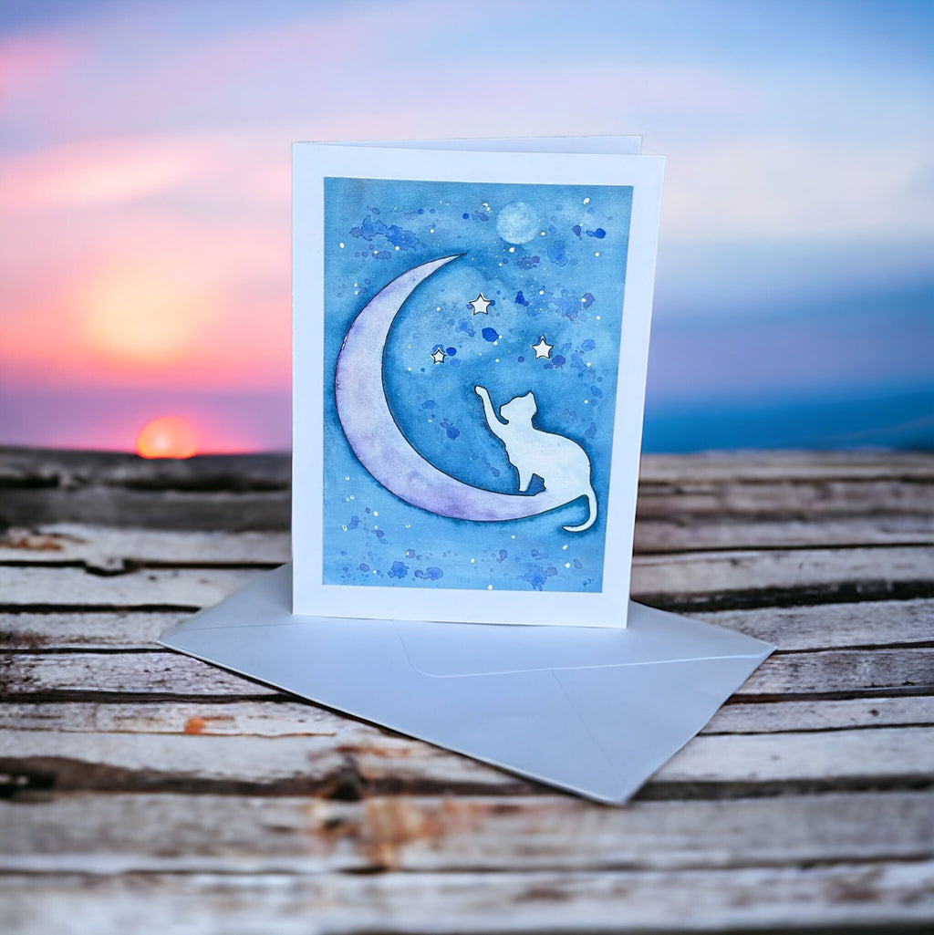 Cartões de felicitações originais em aquarela, o gato e a lua, cartão com gatos fofos, cartões especiais, 15 x 21 cm, com envelope.