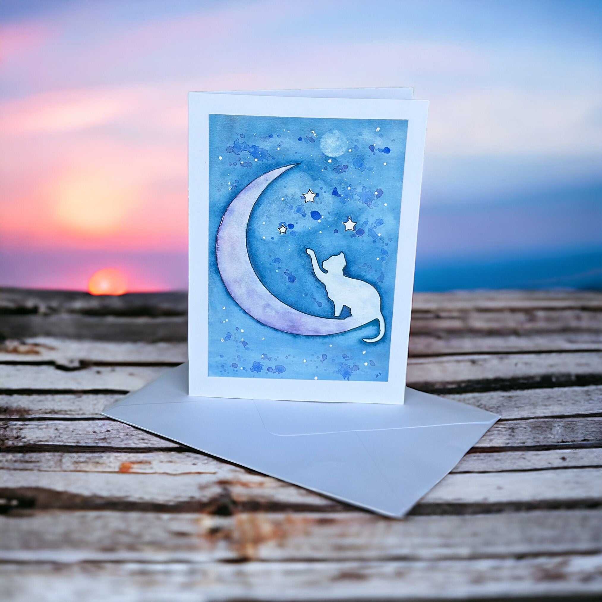 Cartões de felicitações originais em aquarela, o gato e a lua, cartão com gatos fofos, cartões especiais, 15 x 21 cm, com envelope.