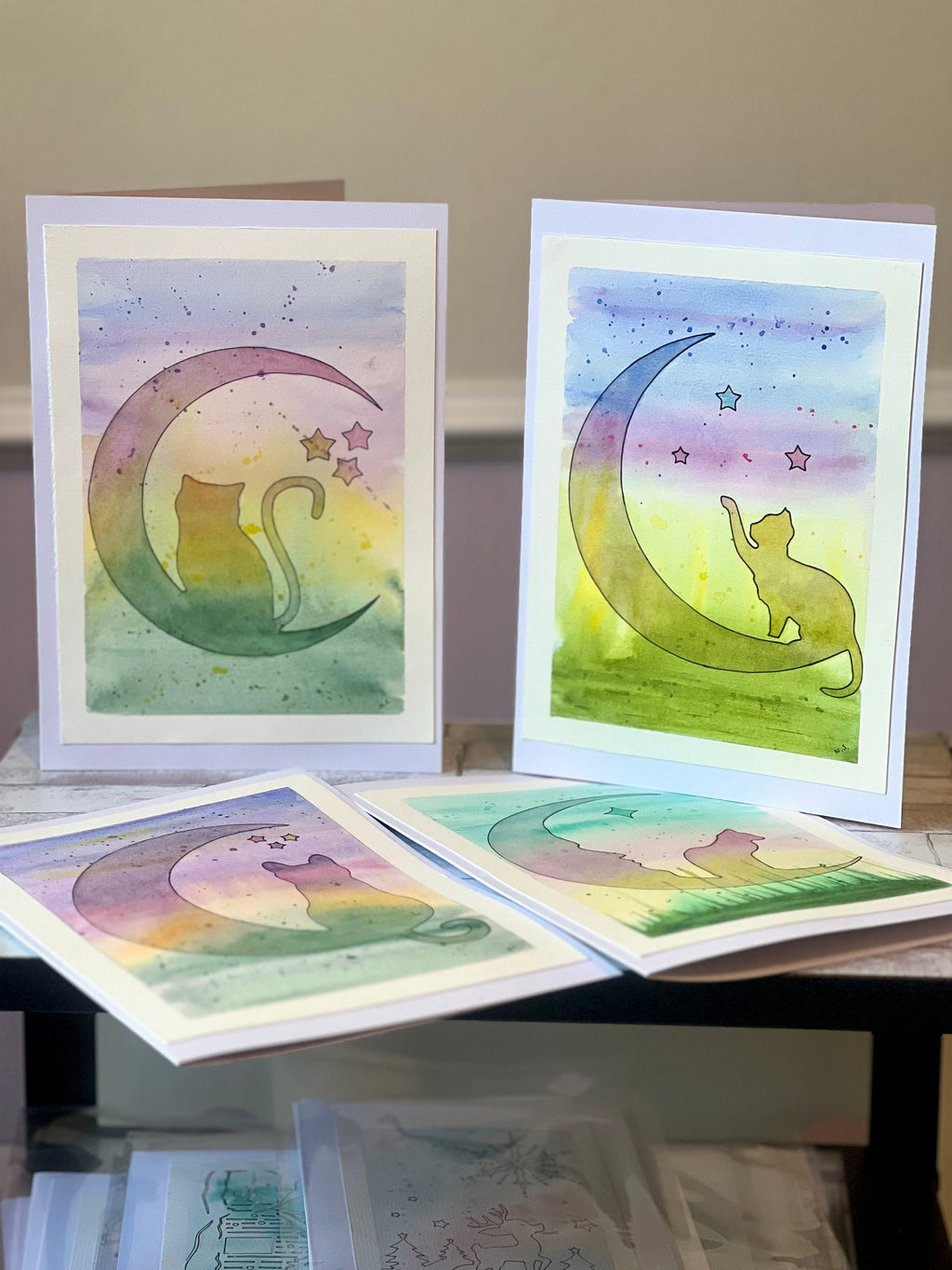 Cartões de felicitações originais em aquarela, o gato e a lua, cartão com gatos fofos, cartões especiais, 15 x 21 cm, com envelope.