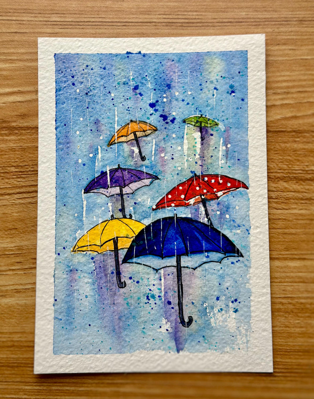 Pintura original em aquarela, guarda-chuvas coloridas, 13 x 18 cm, sem moldura.
