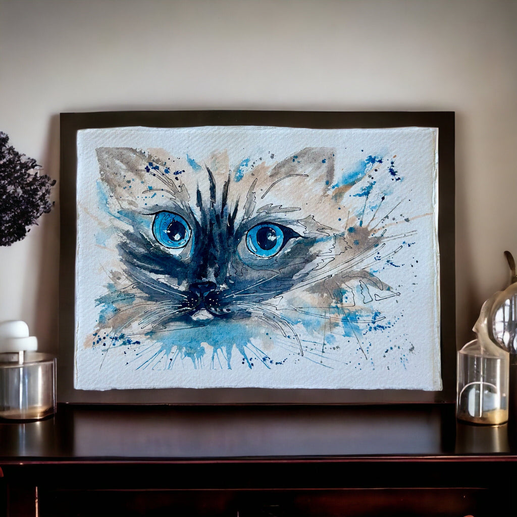 The Cat — Gato de Olhos Azuis | Pintura Original em Aquarela sobre Papel 100% Algodão, 15x21cm, sem moldura