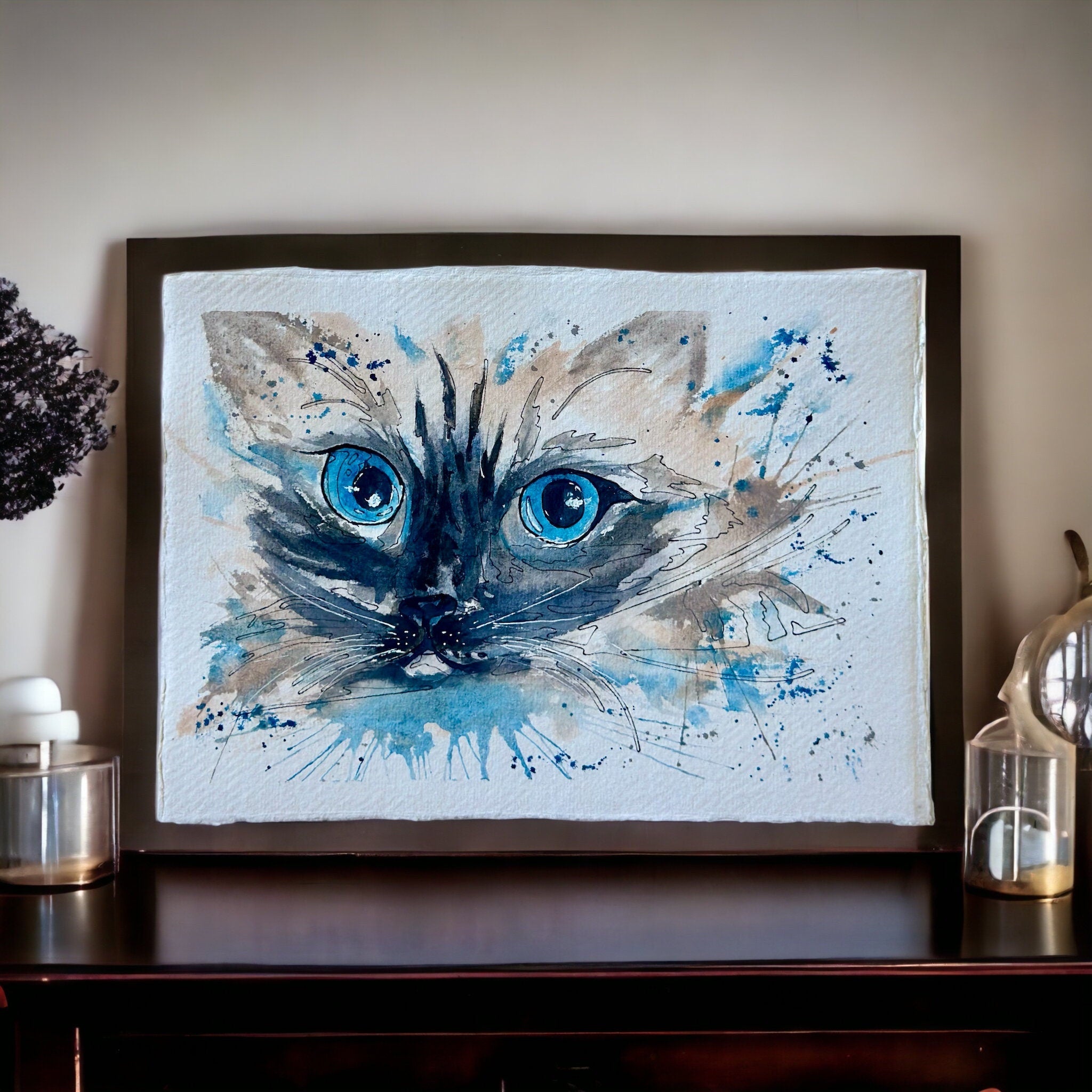 The Cat — Gato de Olhos Azuis | Pintura Original em Aquarela sobre Papel 100% Algodão, 15x21cm, sem moldura