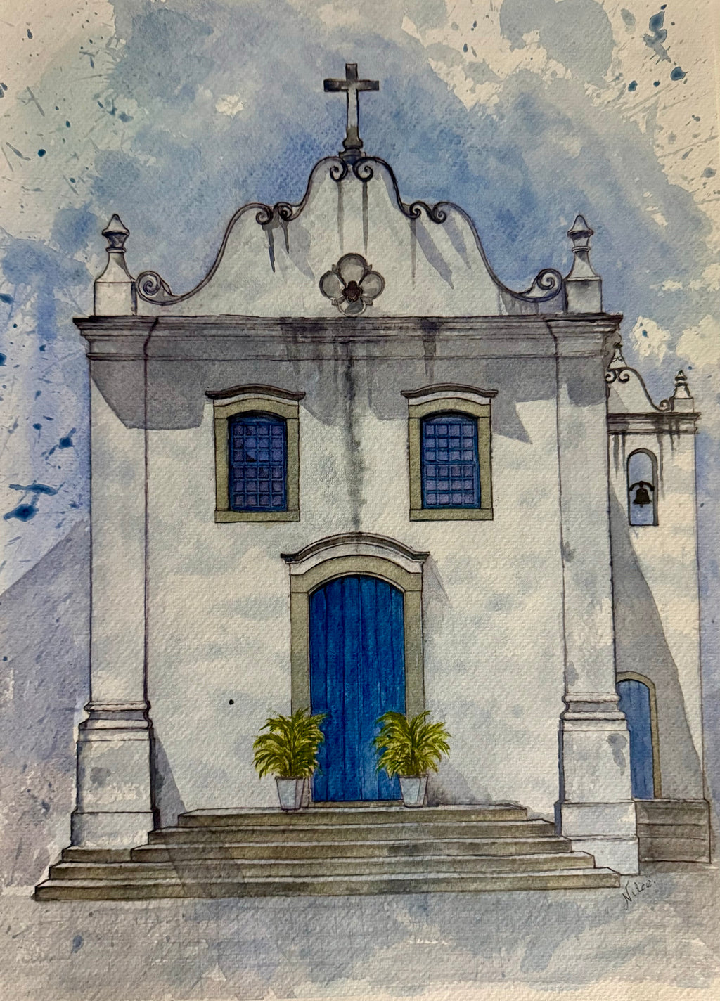 Igreja Bonsucesso Guaratuba - Pintura Original em Aquarela profissional, 30x42cm, sem moldura